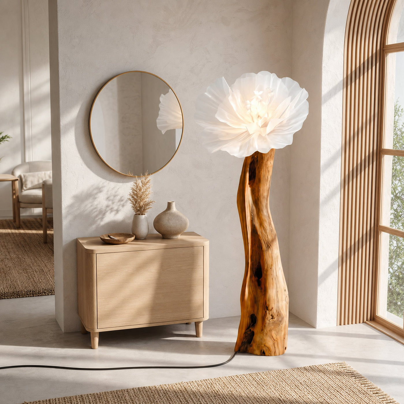 Artistic Flower Floor Lamp Sculptural Wood Base For Living Room