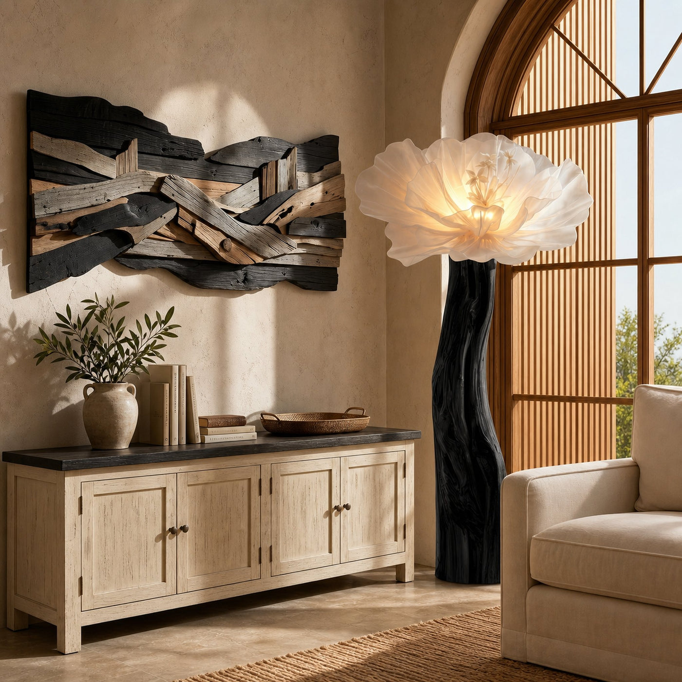 Artistic Flower Floor Lamp Sculptural Wood Base For Living Room - product view 4
