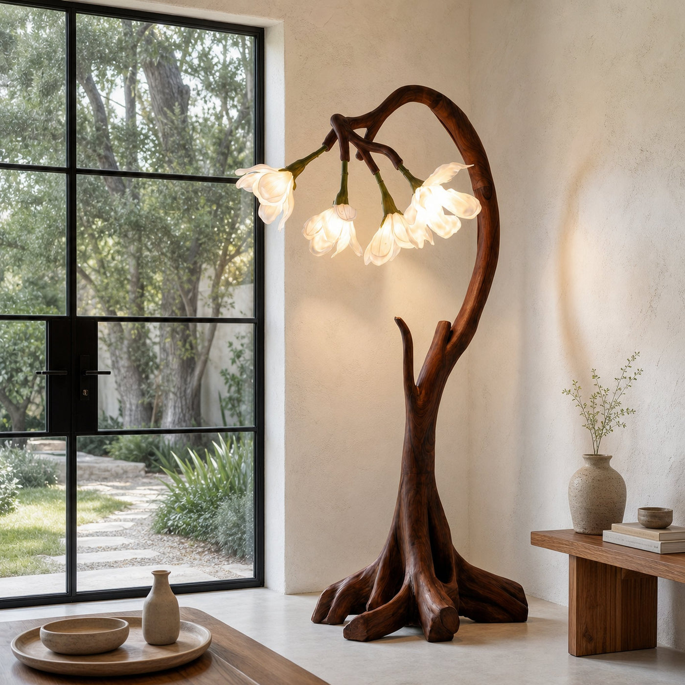 Bloom Floor Lamp With Sculptural Wooden Stand For Living Room And Bedroom