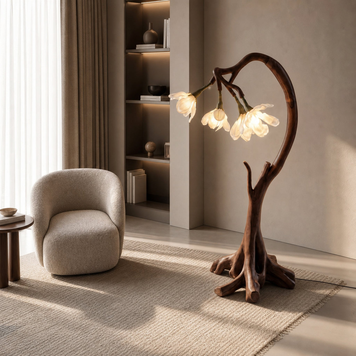 Bloom Floor Lamp With Sculptural Wooden Stand For Living Room And Bedroom - product view 2