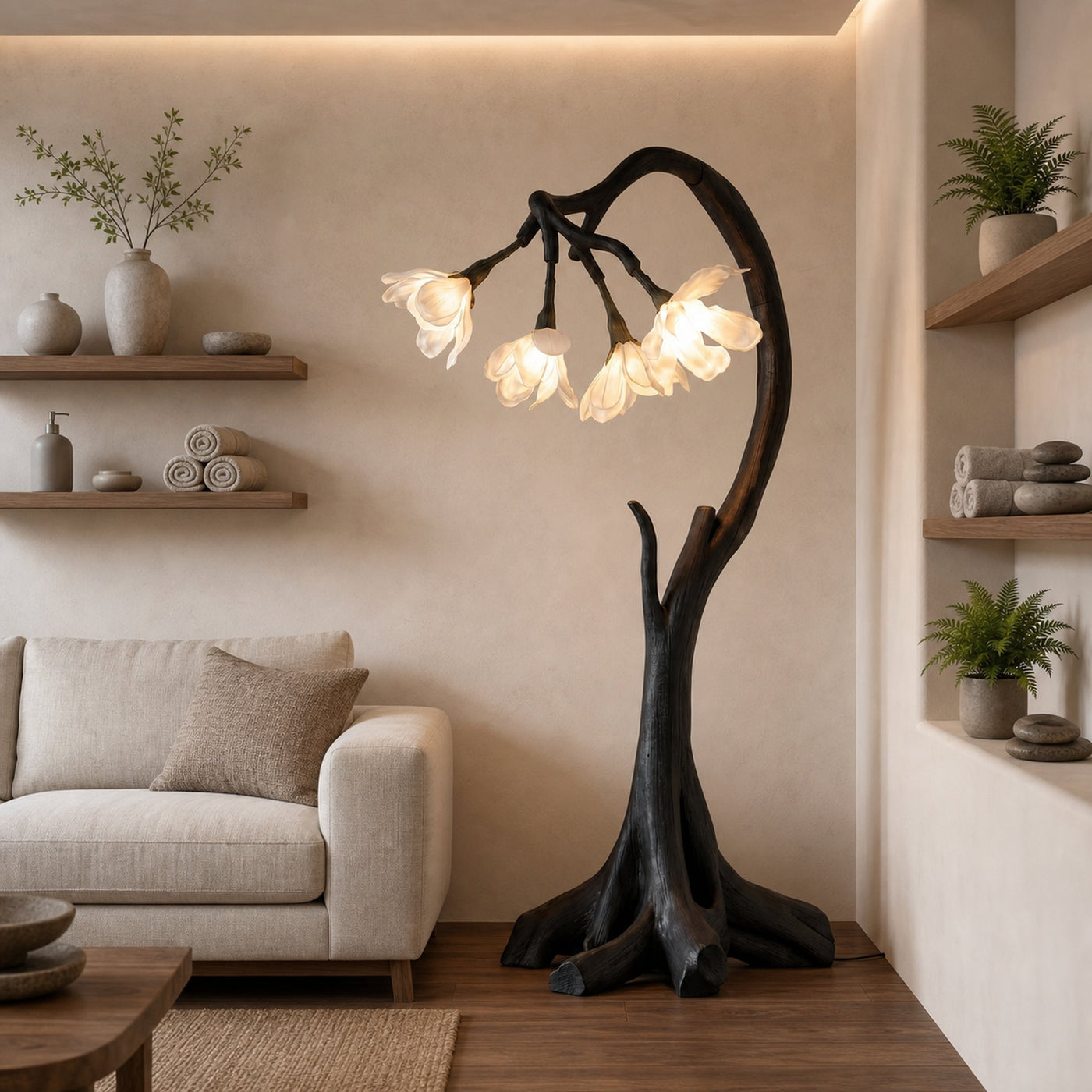 Bloom Floor Lamp With Sculptural Wooden Stand For Living Room And Bedroom - product view 4