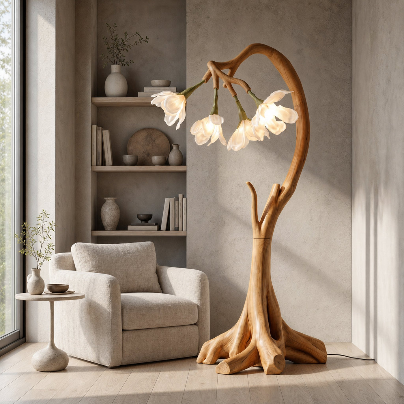 Bloom Floor Lamp With Sculptural Wooden Stand For Living Room And Bedroom - product view 5