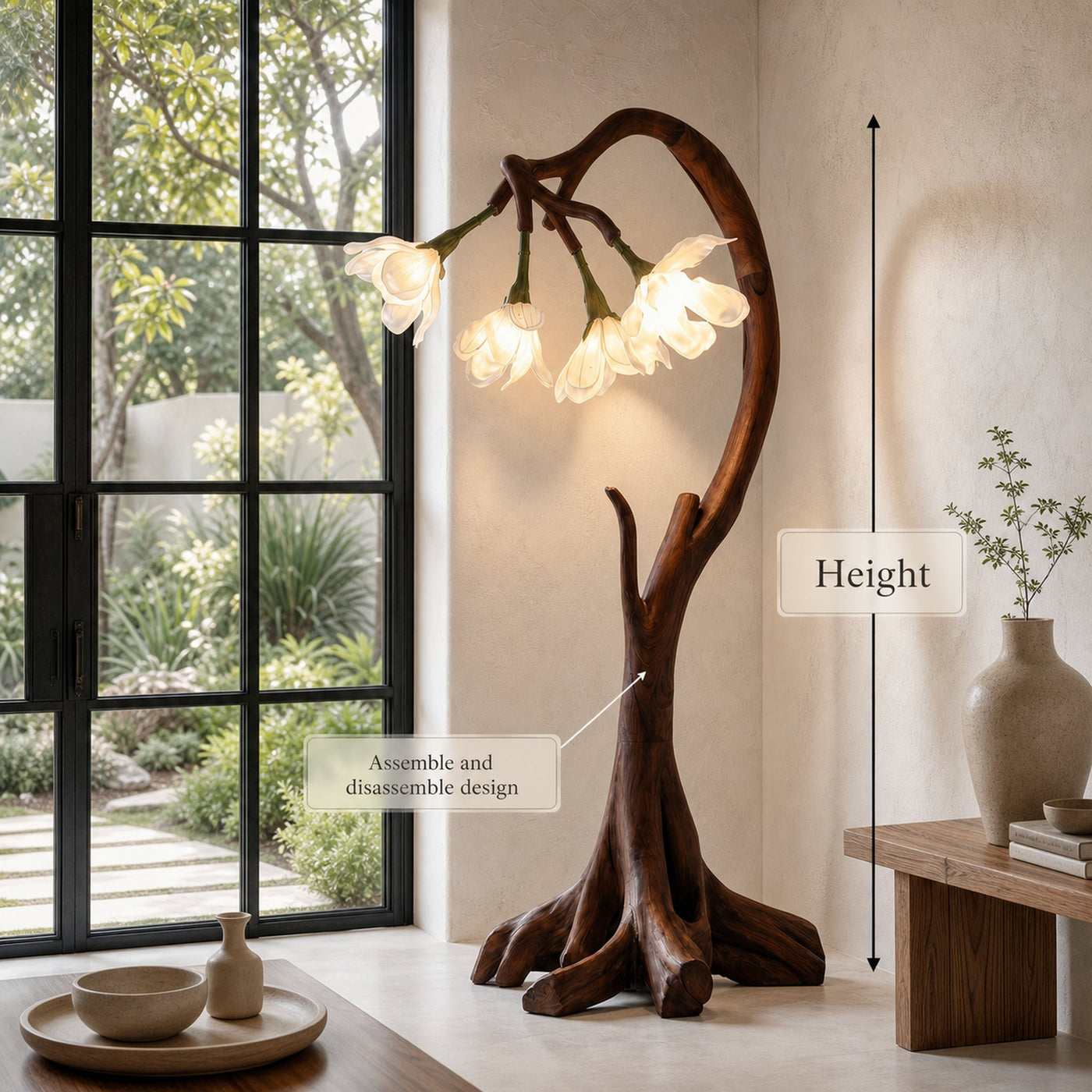 Bloom Floor Lamp With Sculptural Wooden Stand For Living Room And Bedroom - product view 8
