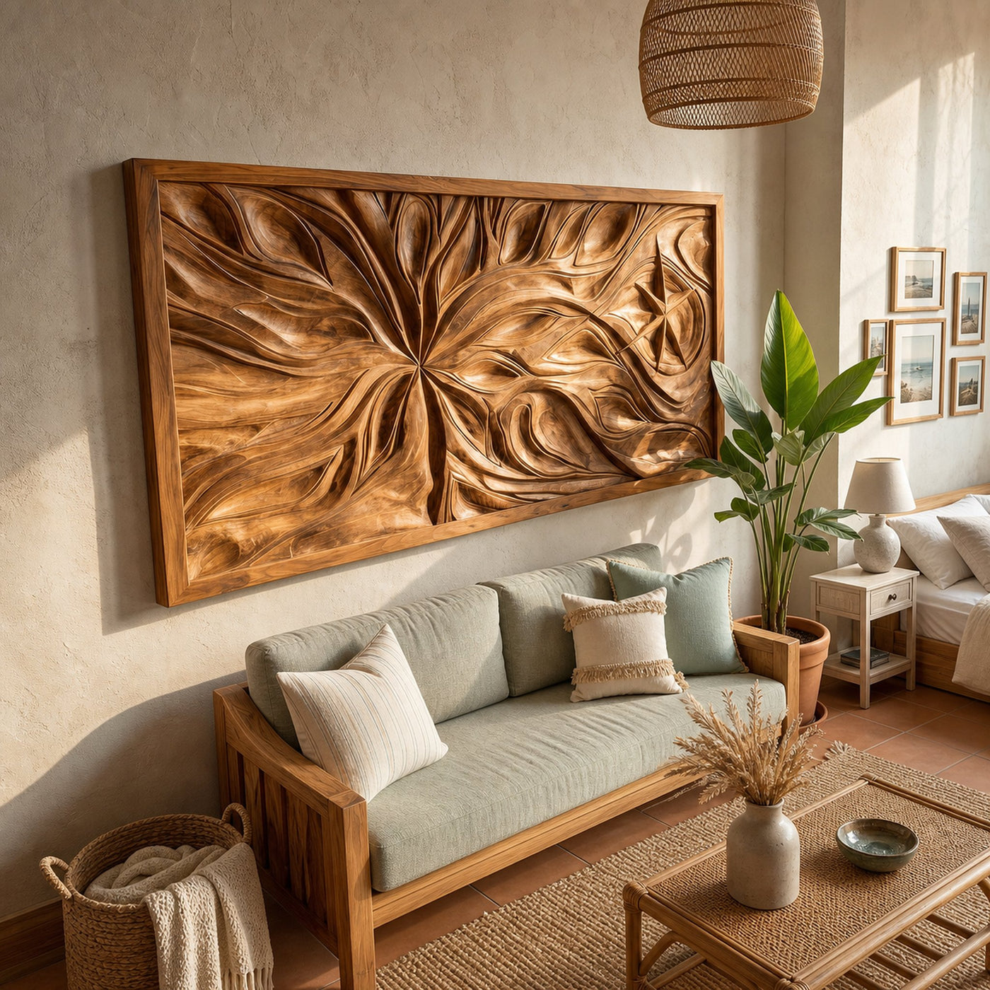 Boho Abstract Floral Wood Wall Art Coastal Bedroom Interior Decor