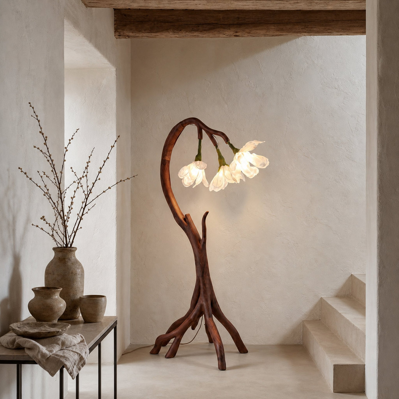 Botanical Flower Floor Lamp With Sculptural Wood Base For Living Room And Bedroom