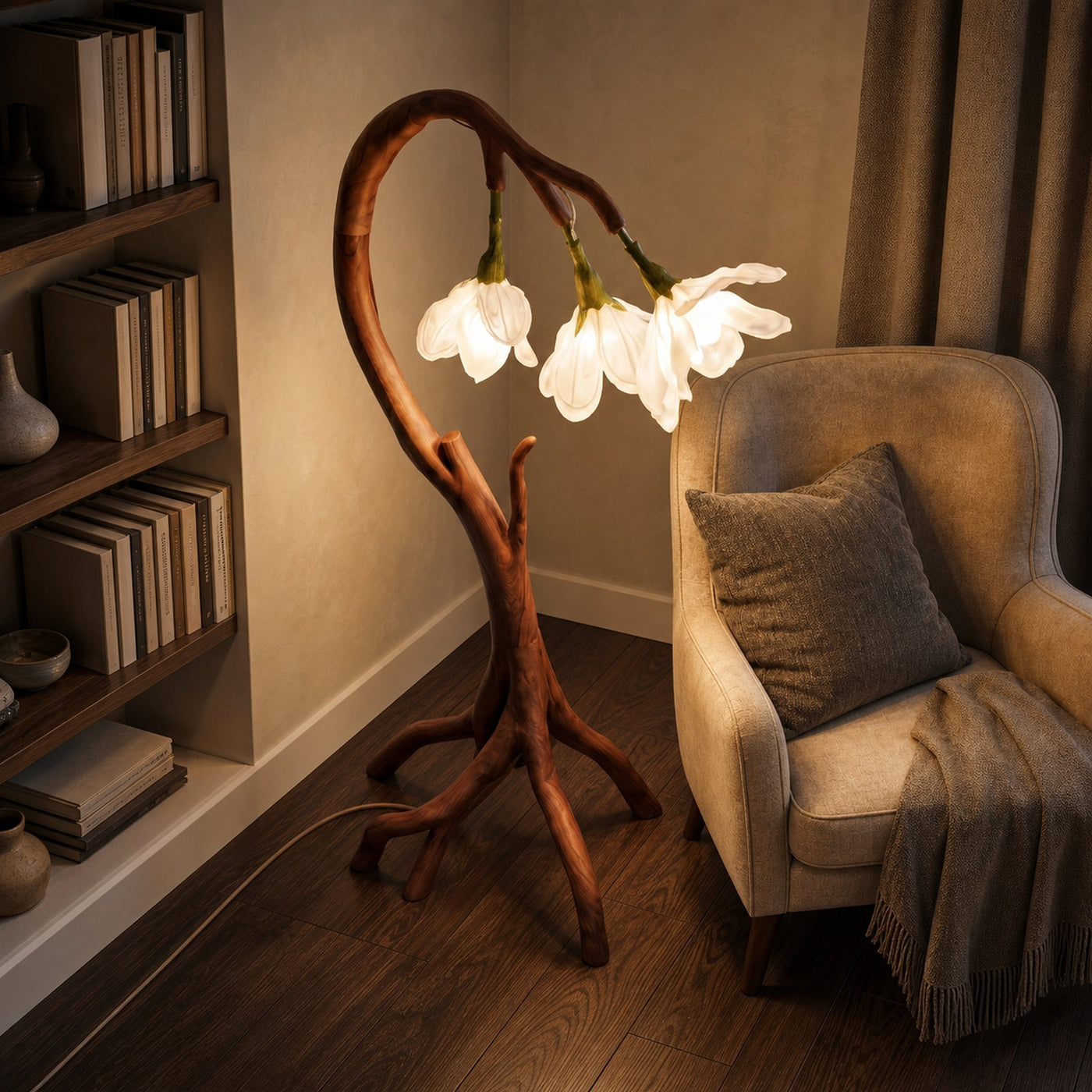 Botanical Flower Floor Lamp With Sculptural Wood Base For Living Room And Bedroom - product view 2