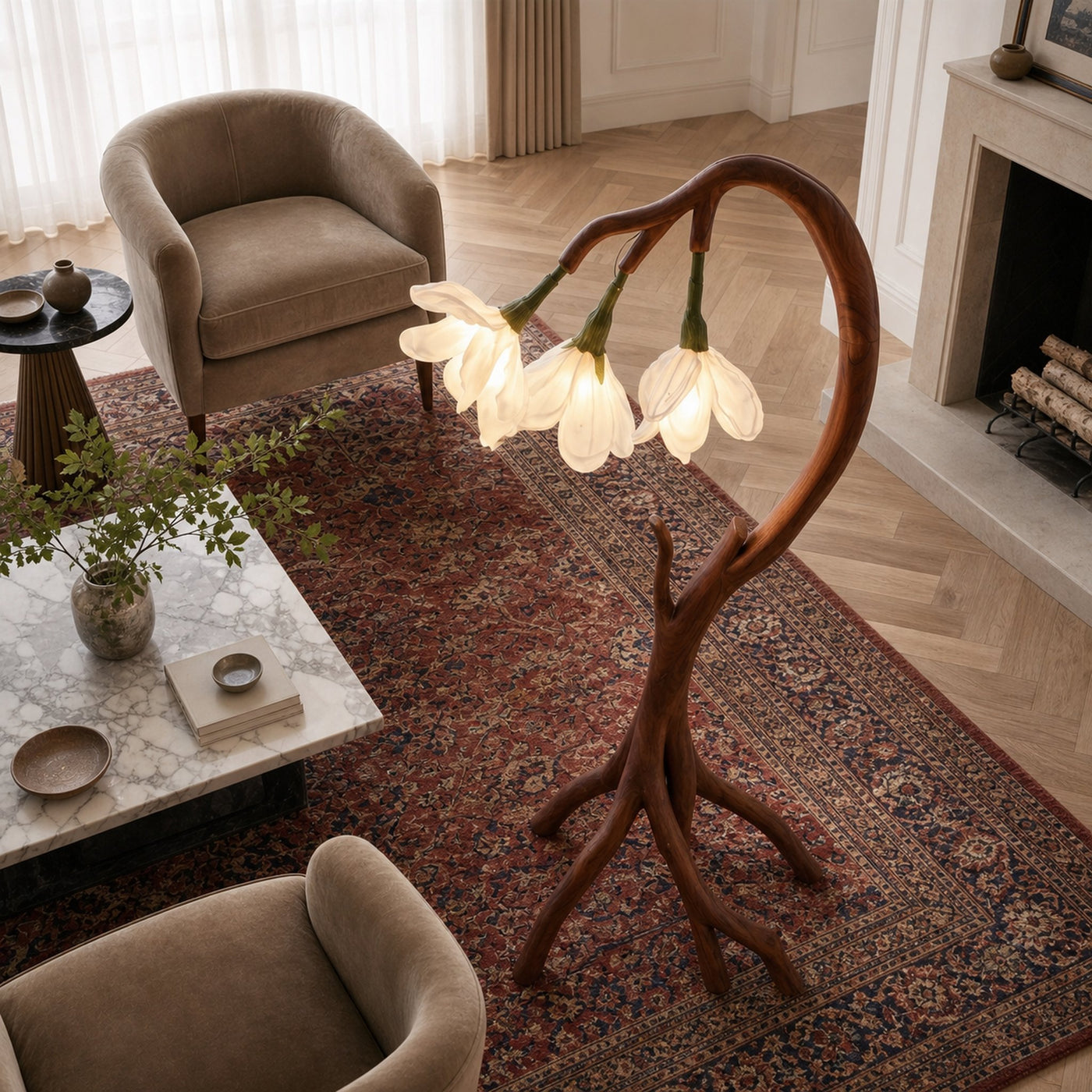 Botanical Flower Floor Lamp With Sculptural Wood Base For Living Room And Bedroom - product view 3