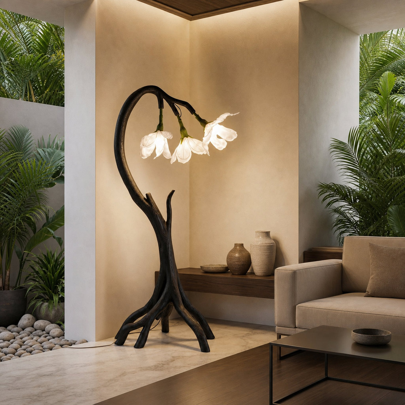 Botanical Flower Floor Lamp With Sculptural Wood Base For Living Room And Bedroom - product view 4
