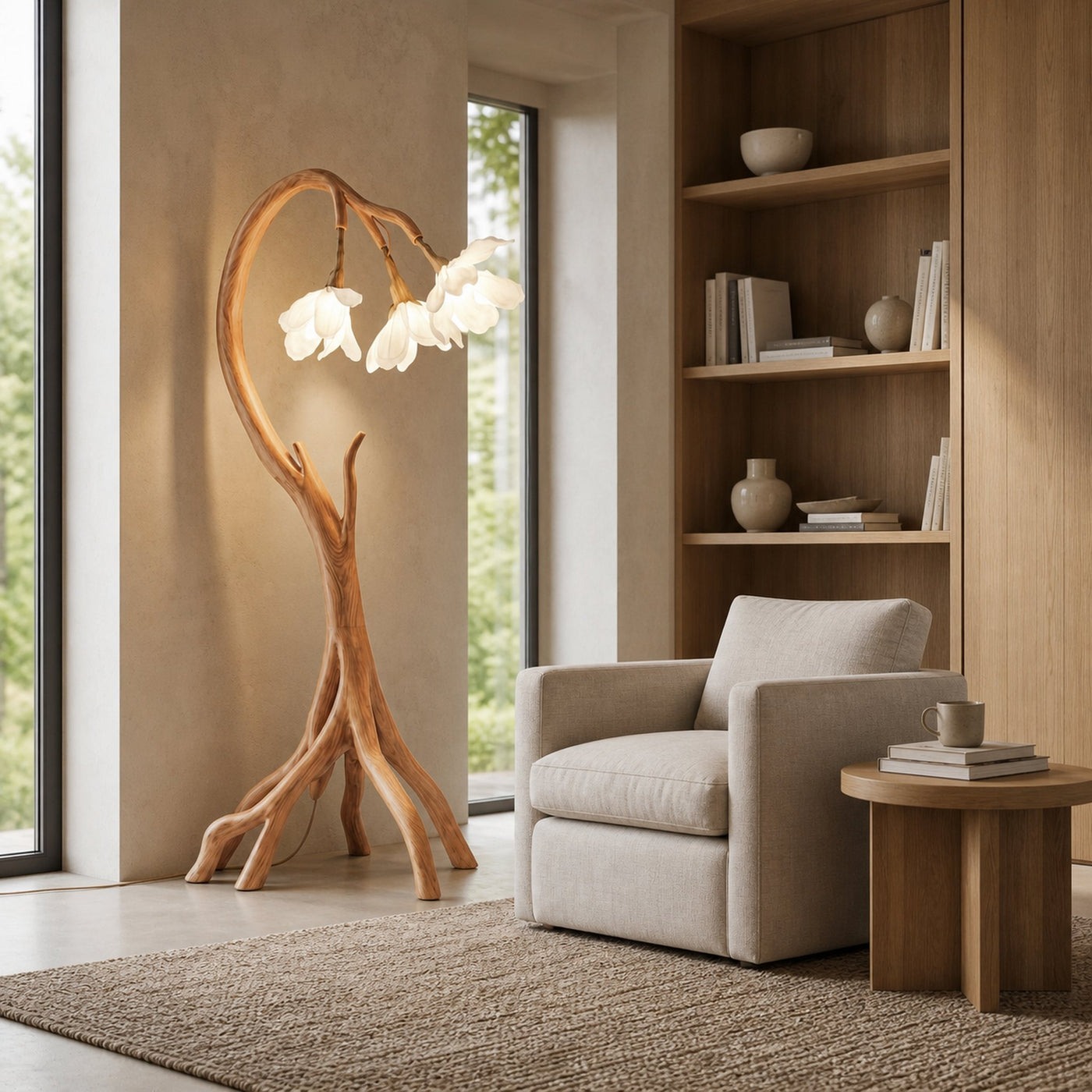 Botanical Flower Floor Lamp With Sculptural Wood Base For Living Room And Bedroom - product view 5