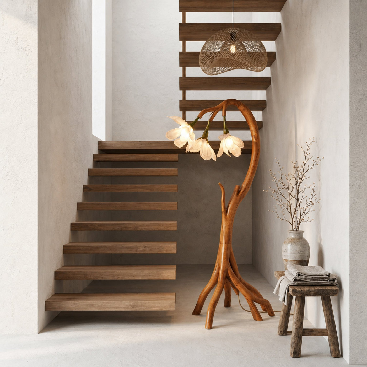 Botanical Flower Floor Lamp With Sculptural Wood Base For Living Room And Bedroom - product view 6