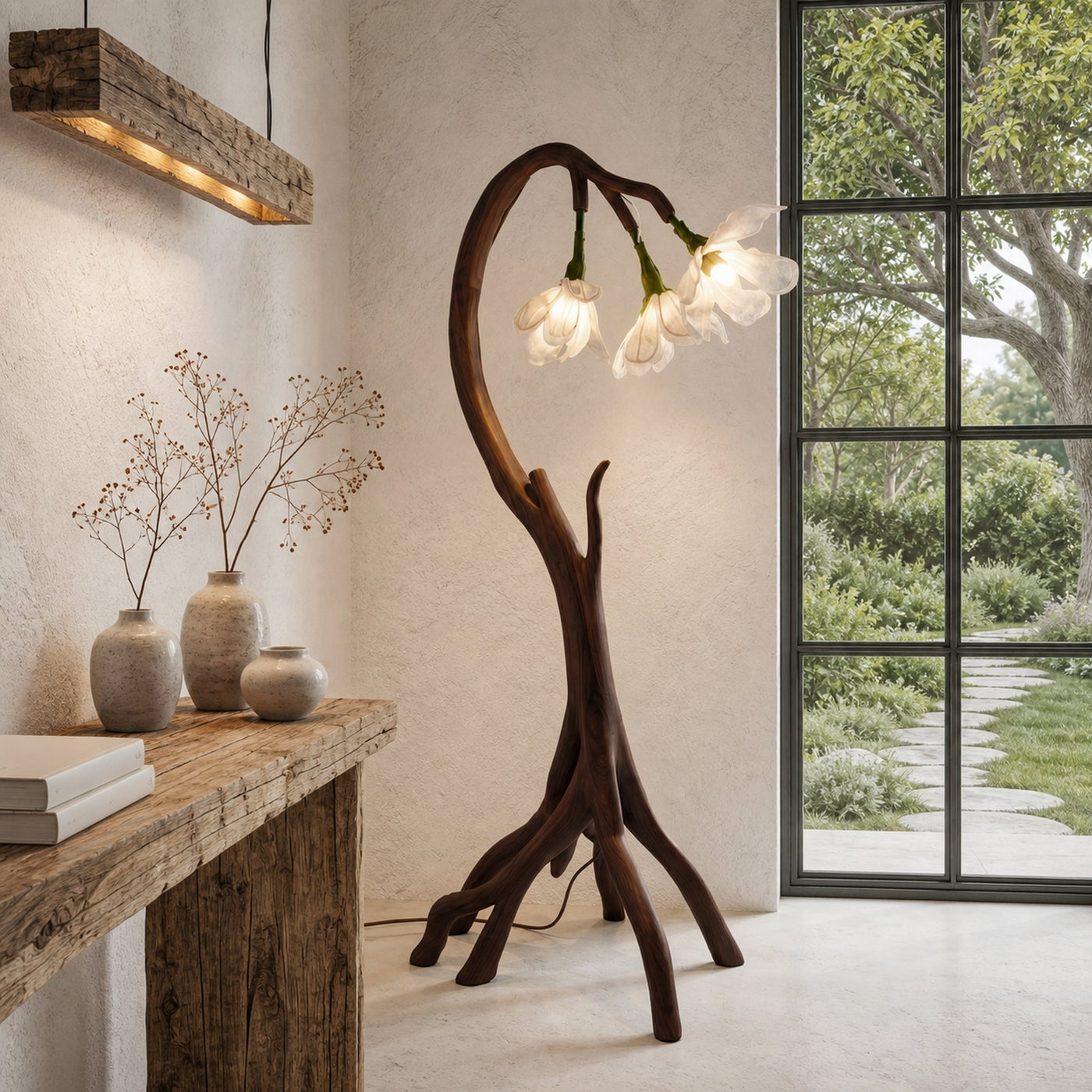 Botanical Flower Floor Lamp With Sculptural Wood Base For Living Room And Bedroom - product view 7