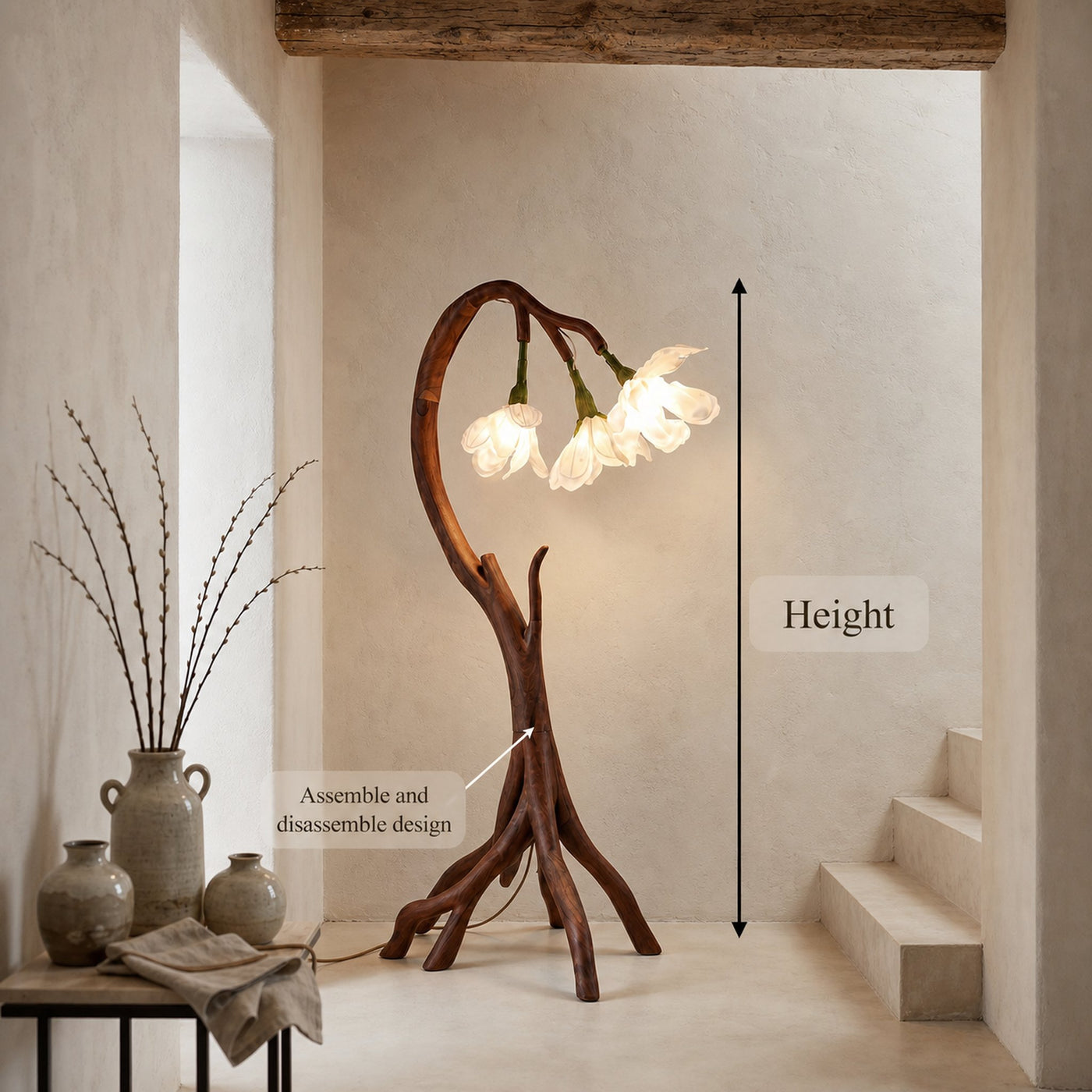 Botanical Flower Floor Lamp With Sculptural Wood Base For Living Room And Bedroom - product view 8