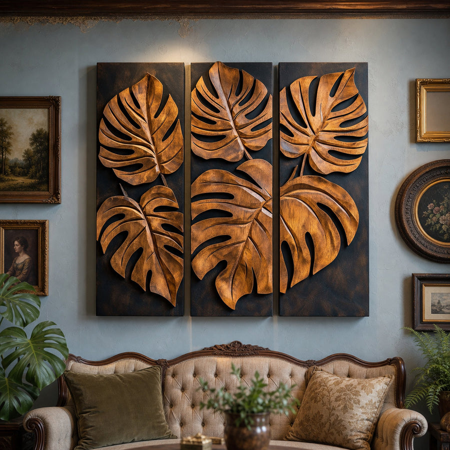 Carved Monstera Leaf Solid Wood Wall Art Triptych Statement Decor