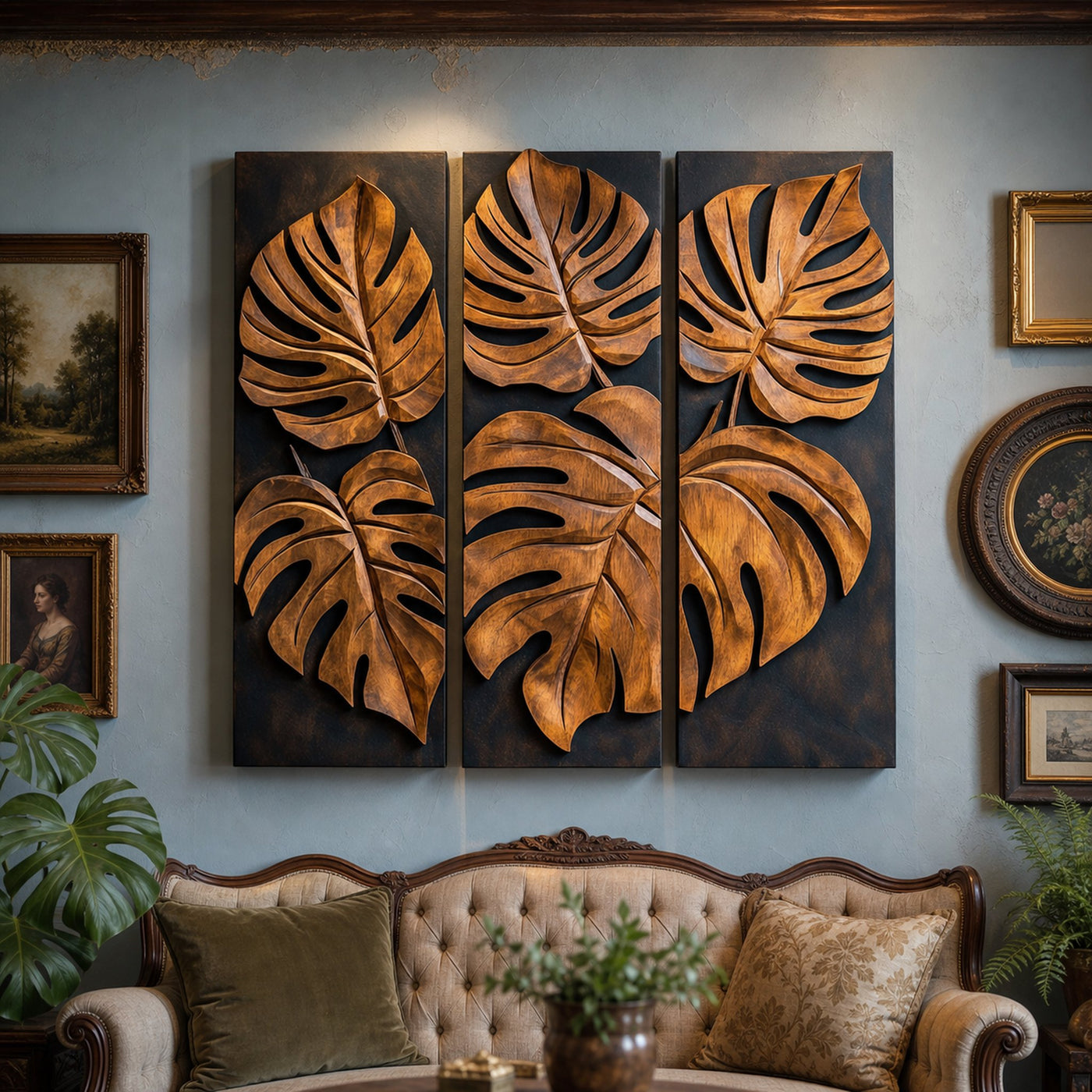 Carved Monstera Leaf Solid Wood Wall Art Triptych Statement Decor