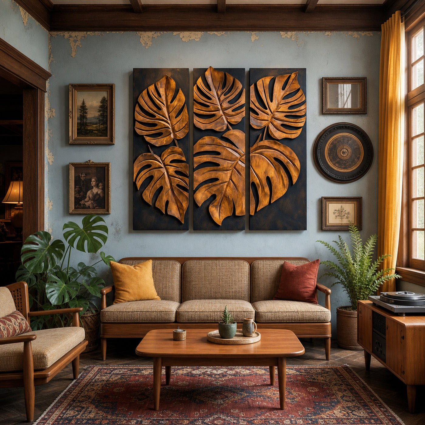 Carved Monstera Leaf Solid Wood Wall Art Triptych Statement Decor - product view 2