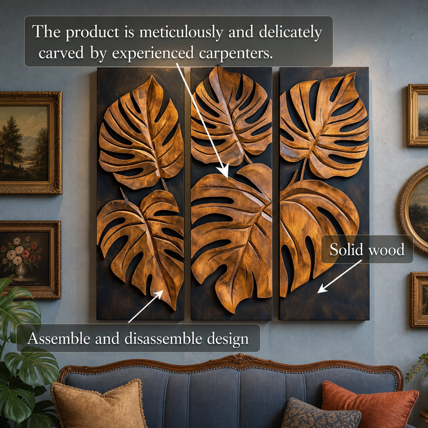 Carved Monstera Leaf Solid Wood Wall Art Triptych Statement Decor - product view 3