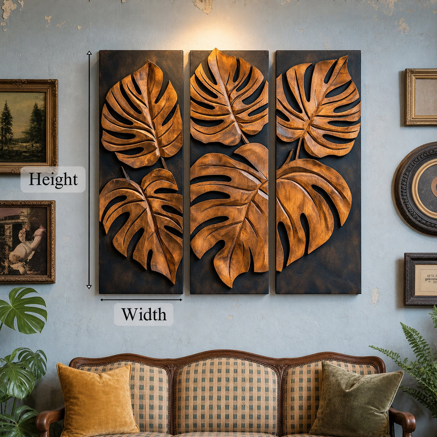 Carved Monstera Leaf Solid Wood Wall Art Triptych Statement Decor - product view 4