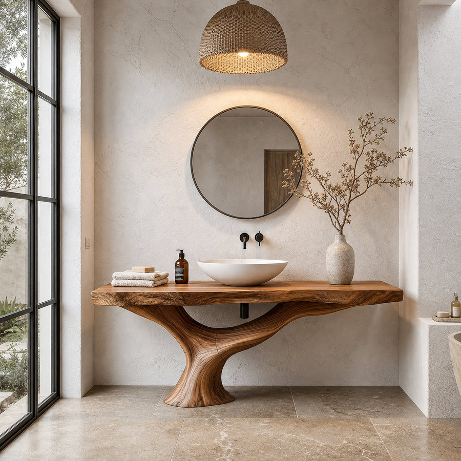 Contemporary Bathroom Vanity With Organic Wood Countertop And Artistic Base For Bathroom