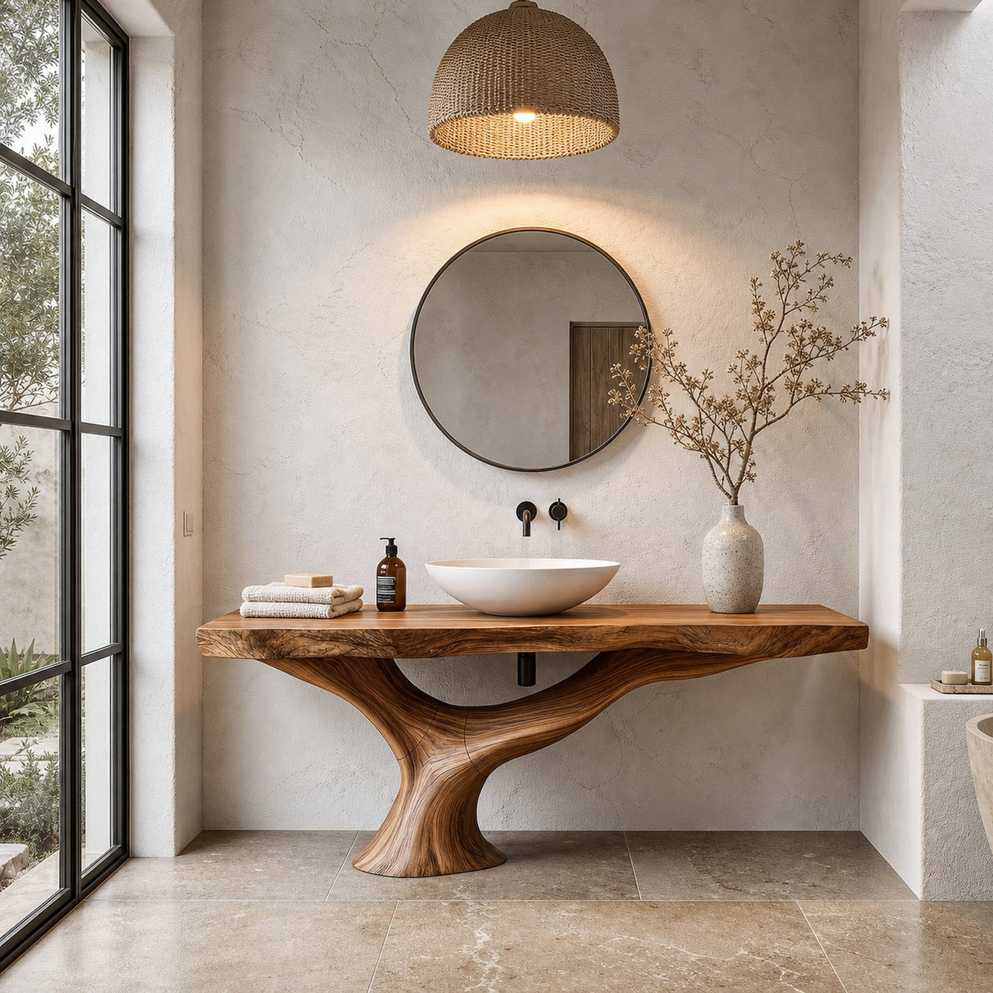 Contemporary Bathroom Vanity With Organic Wood Countertop And Artistic Base For Bathroom