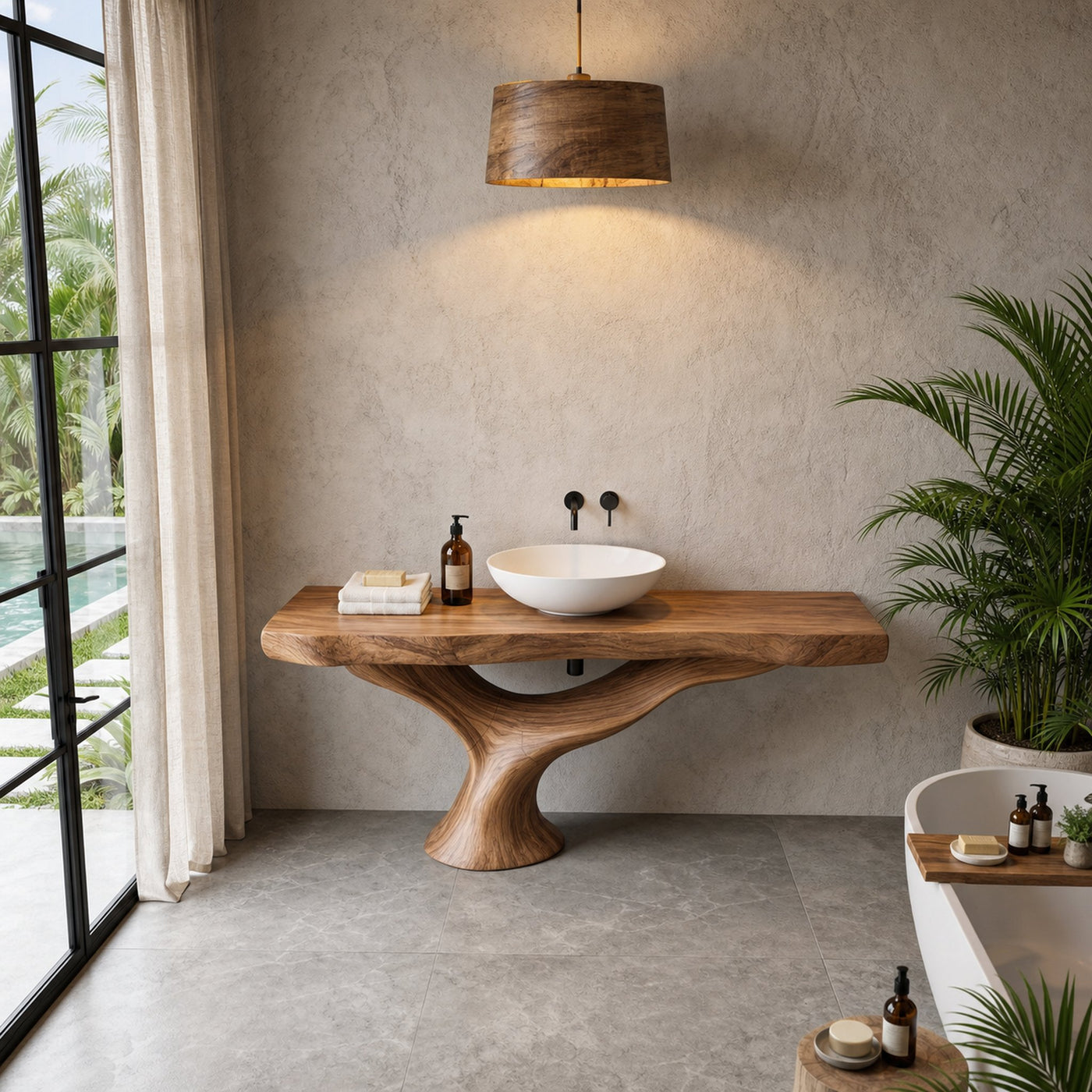 Contemporary Bathroom Vanity With Organic Wood Countertop And Artistic Base For Bathroom - product view 2