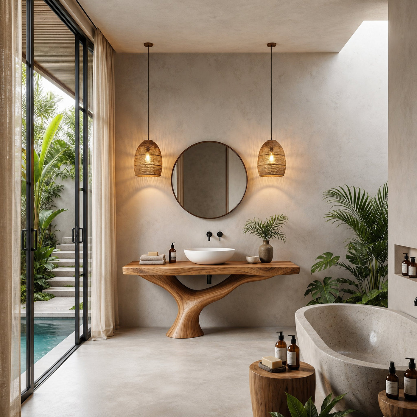 Contemporary Bathroom Vanity With Organic Wood Countertop And Artistic Base For Bathroom - product view 3