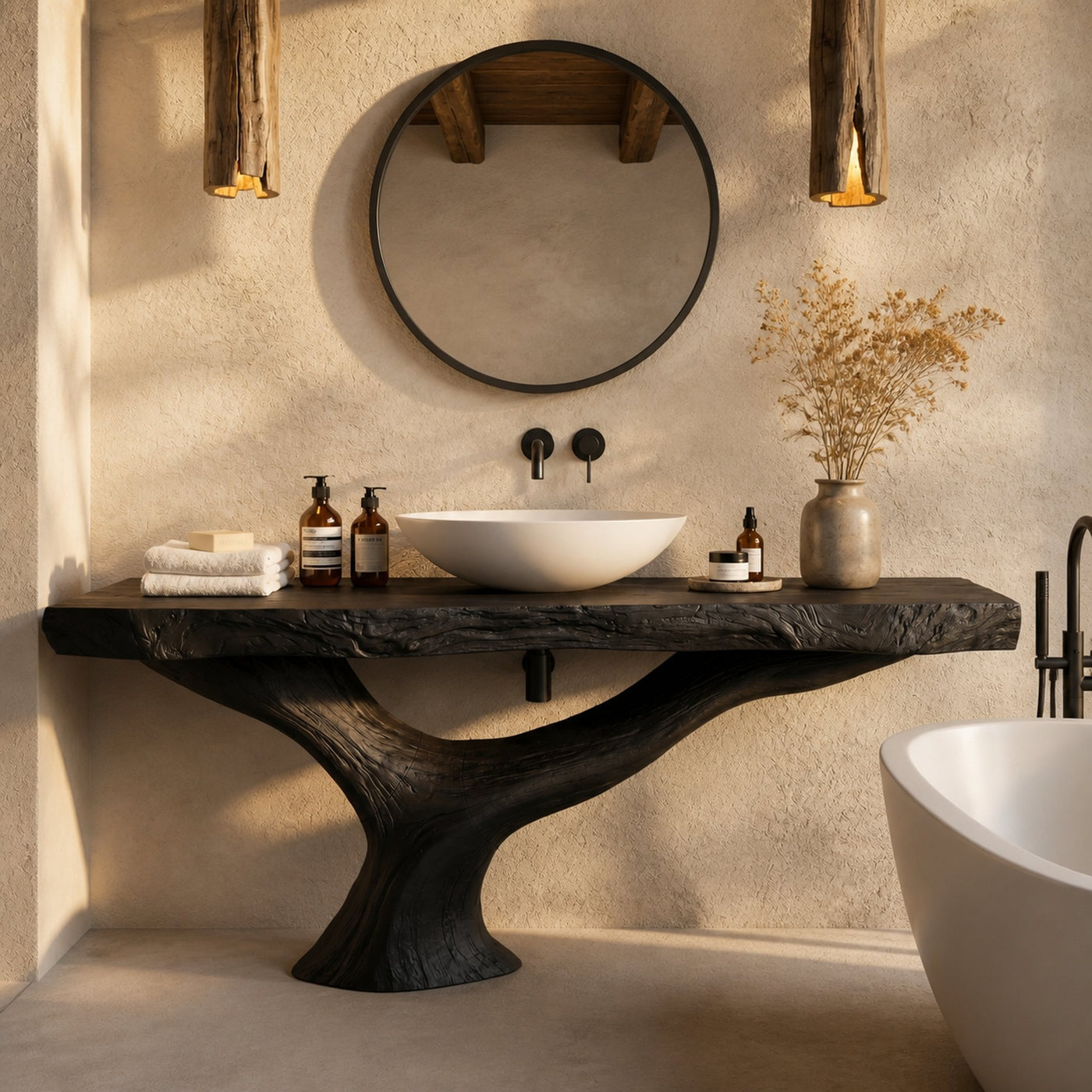 Contemporary Bathroom Vanity With Organic Wood Countertop And Artistic Base For Bathroom - product view 4