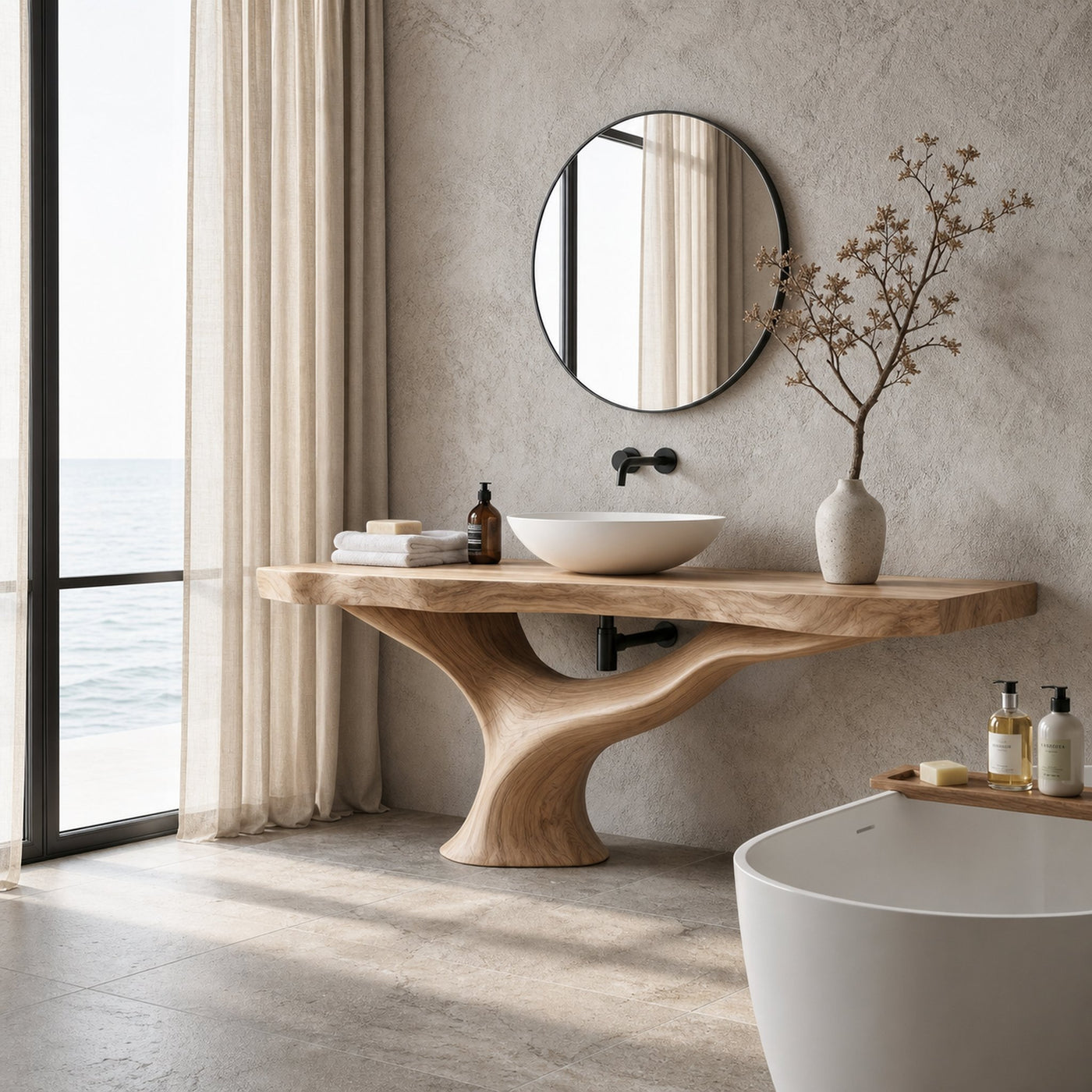 Contemporary Bathroom Vanity With Organic Wood Countertop And Artistic Base For Bathroom - product view 5