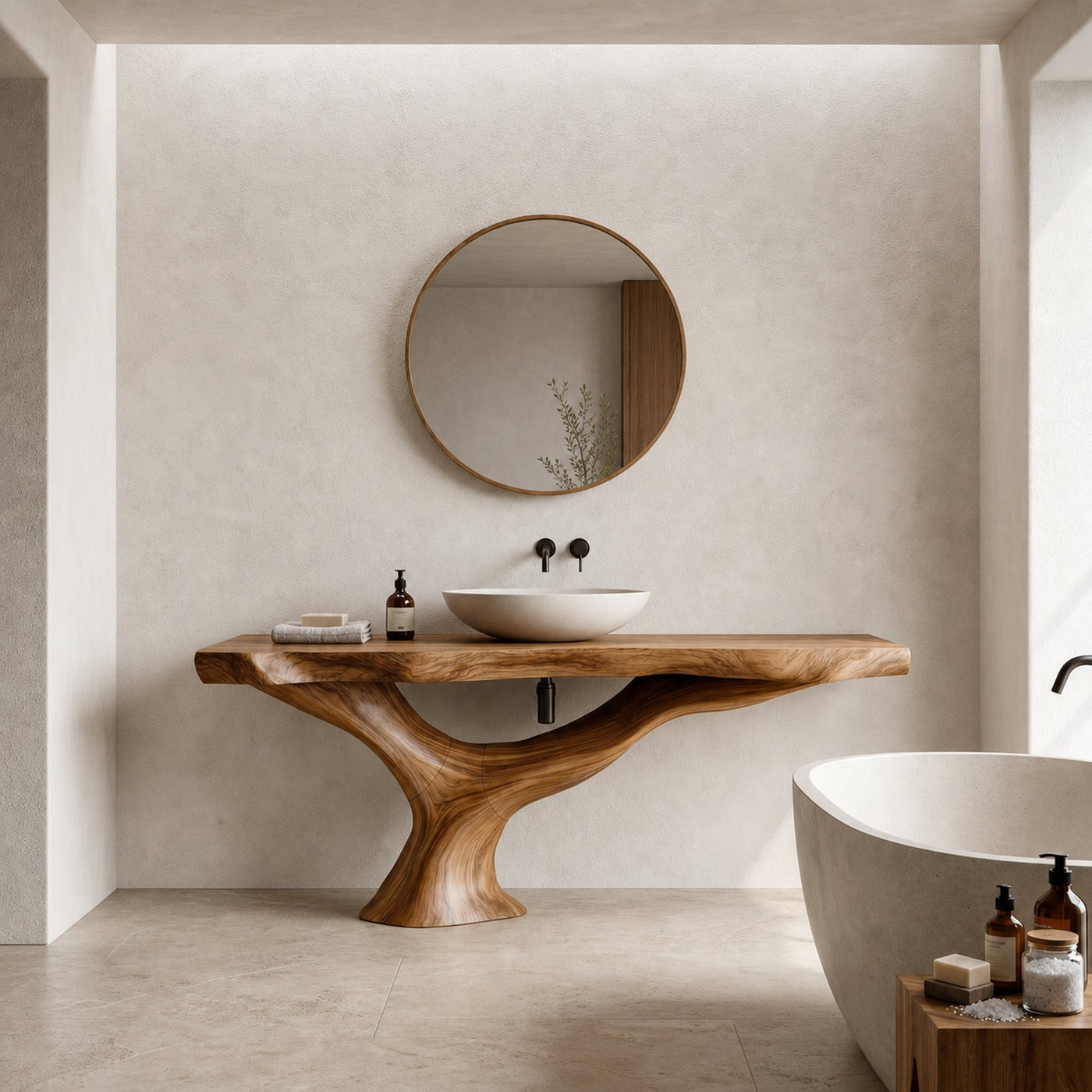 Contemporary Bathroom Vanity With Organic Wood Countertop And Artistic Base For Bathroom - product view 6