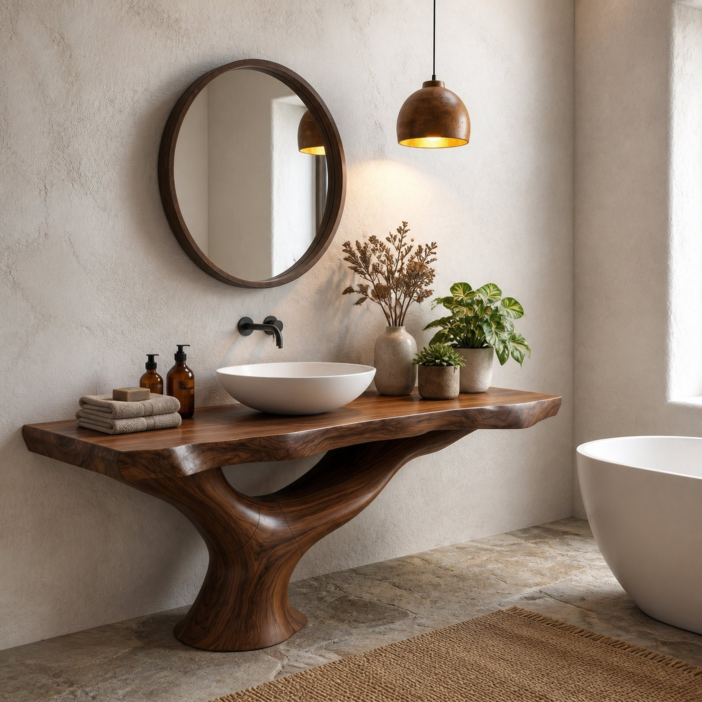 Contemporary Bathroom Vanity With Organic Wood Countertop And Artistic Base For Bathroom - product view 7