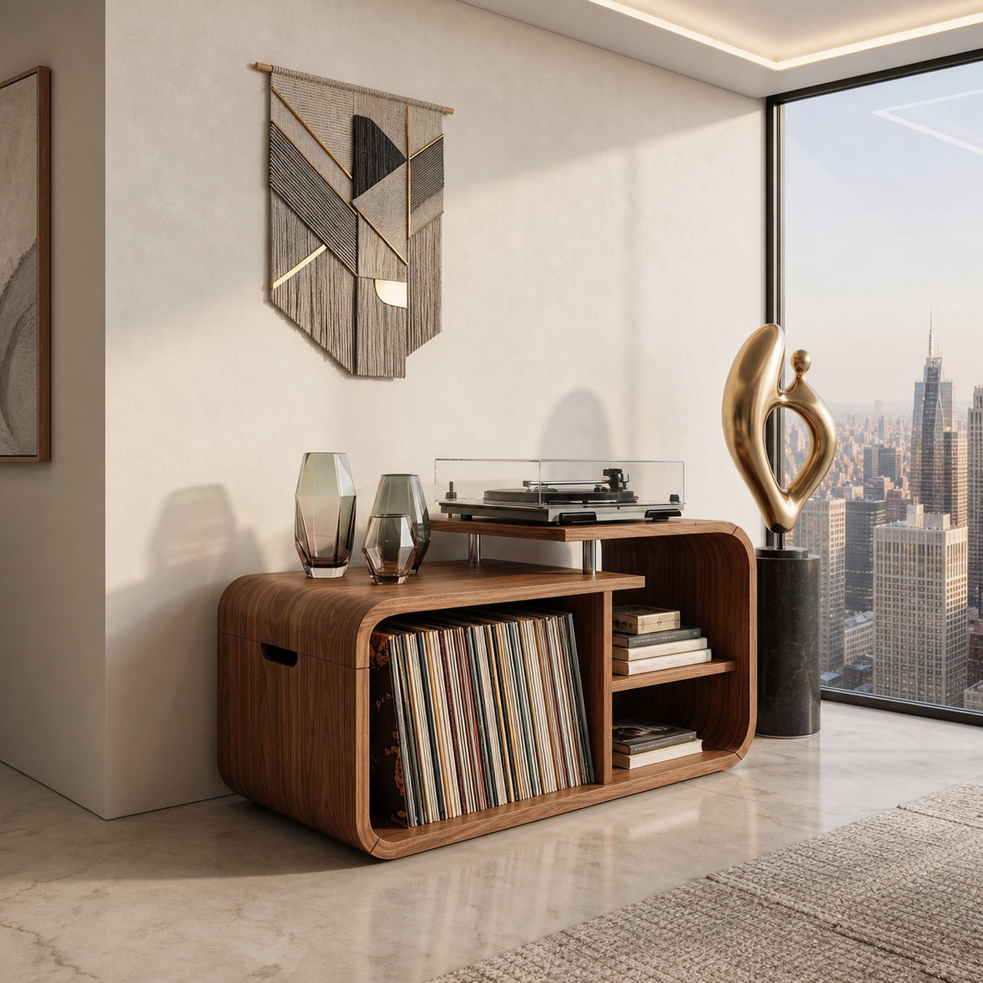 Contemporary Curved Record Player Stand Urban Penthouse