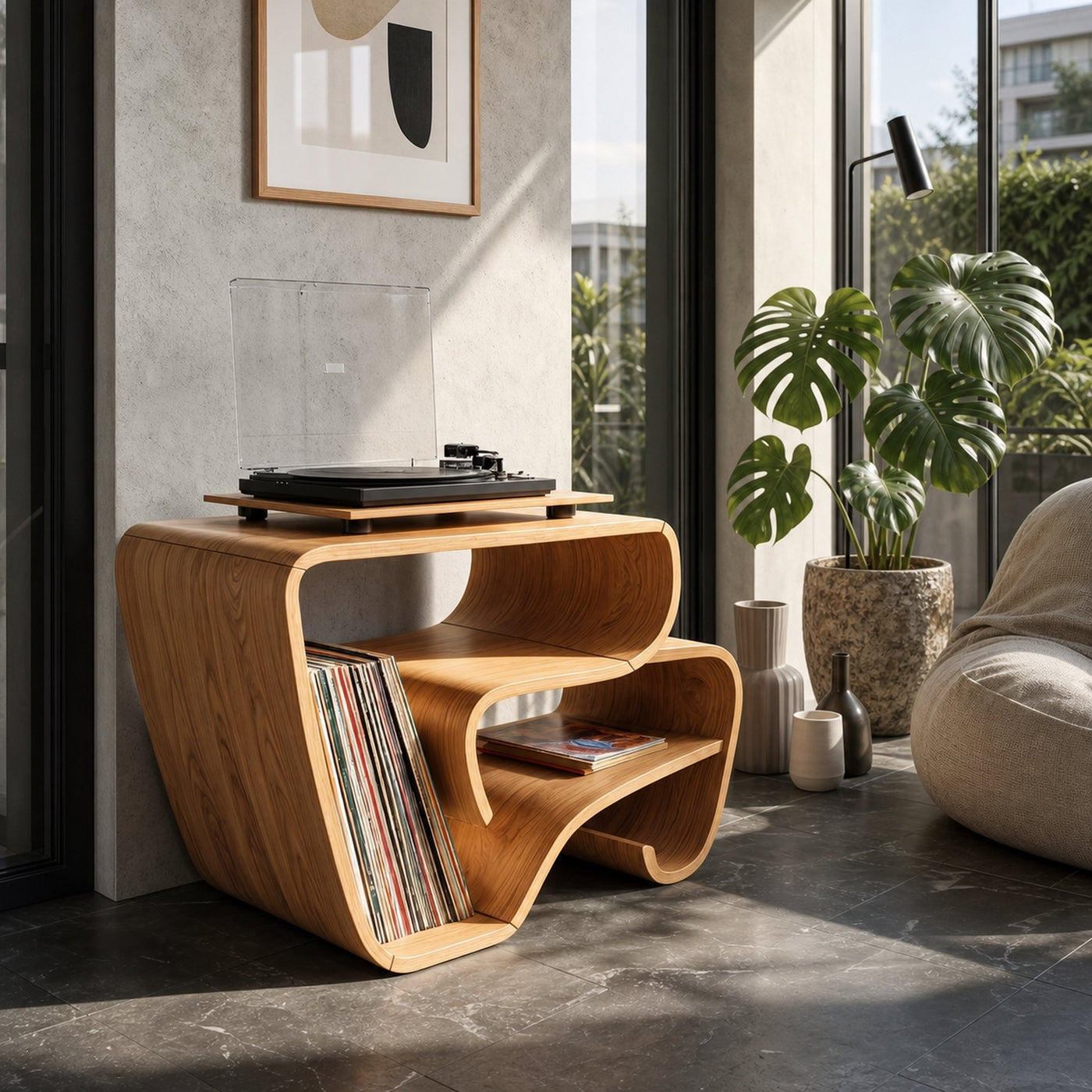 Contemporary Curved Vinyl Record Cabinet Lake House - product view 5