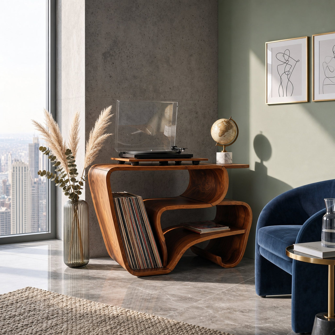 Contemporary Curved Vinyl Record Cabinet Lake House - product view 6