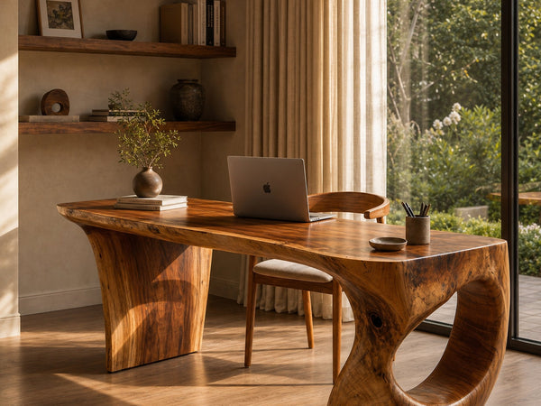 Contemporary Desk With Sculptural Loop Wood Base And Solid Wood Top For Home Office And Workspace