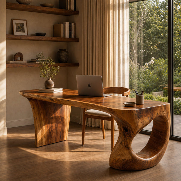 Contemporary Desk With Sculptural Loop Wood Base And Solid Wood Top For Home Office And Workspace
