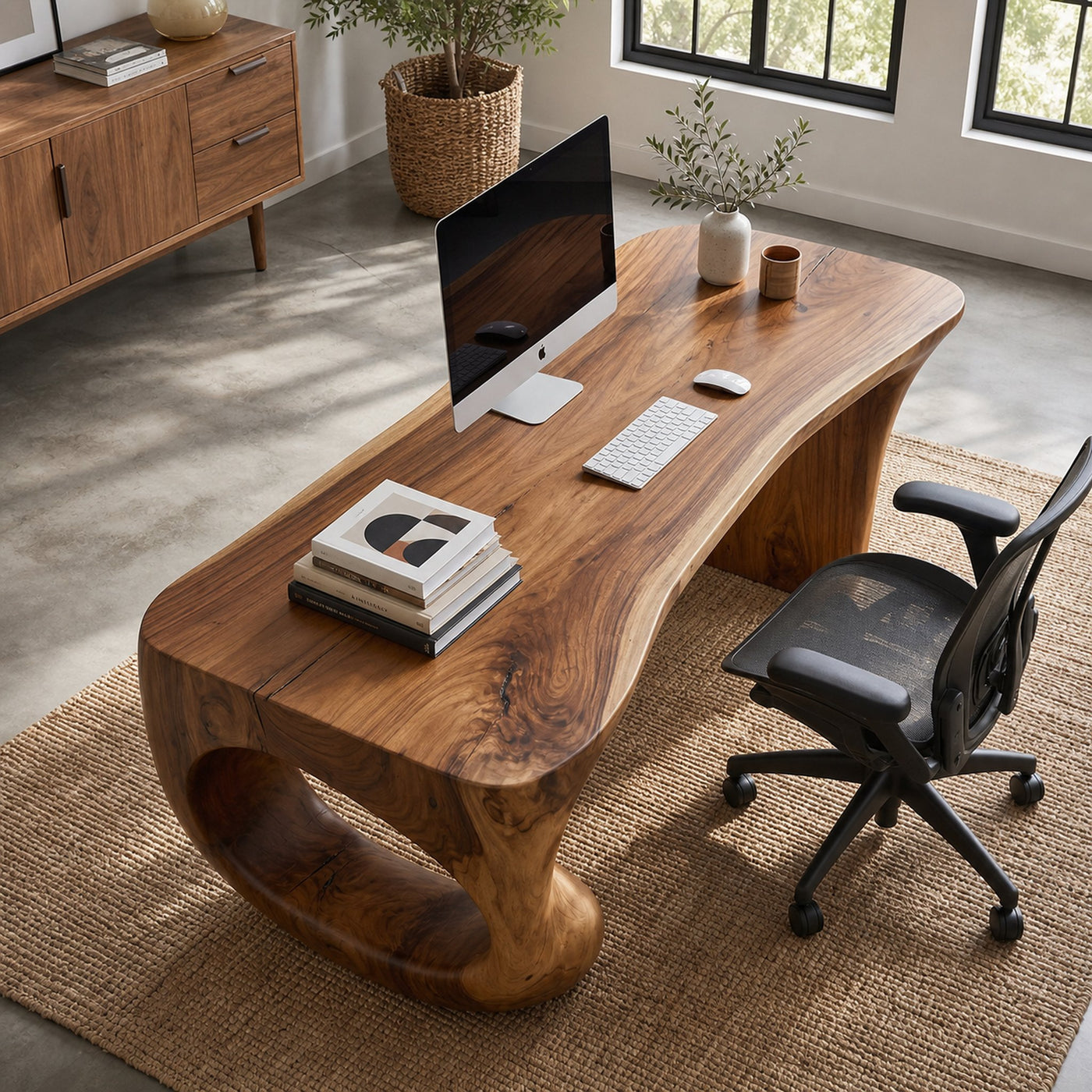 Contemporary Desk With Sculptural Loop Wood Base And Solid Wood Top For Home Office And Workspace - product view 2