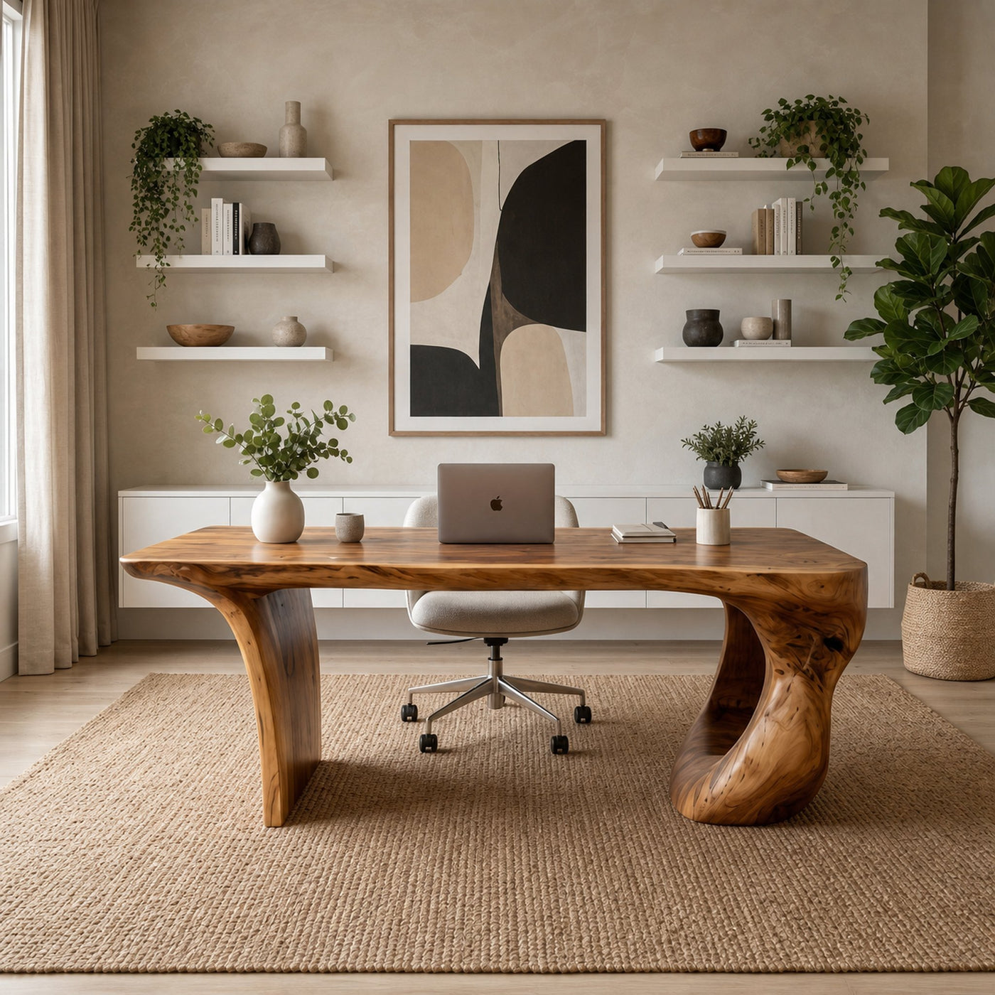 Contemporary Desk With Sculptural Loop Wood Base And Solid Wood Top For Home Office And Workspace - product view 3