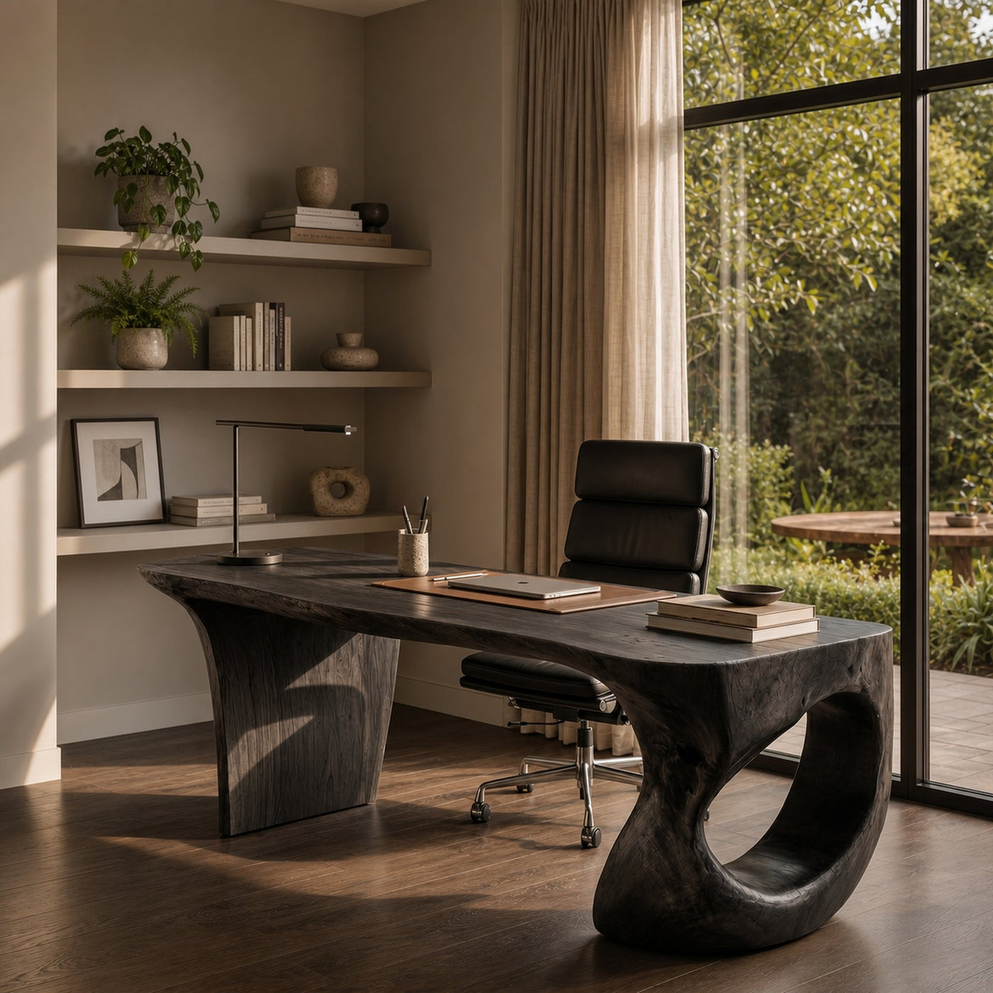 Contemporary Desk With Sculptural Loop Wood Base And Solid Wood Top For Home Office And Workspace - product view 4