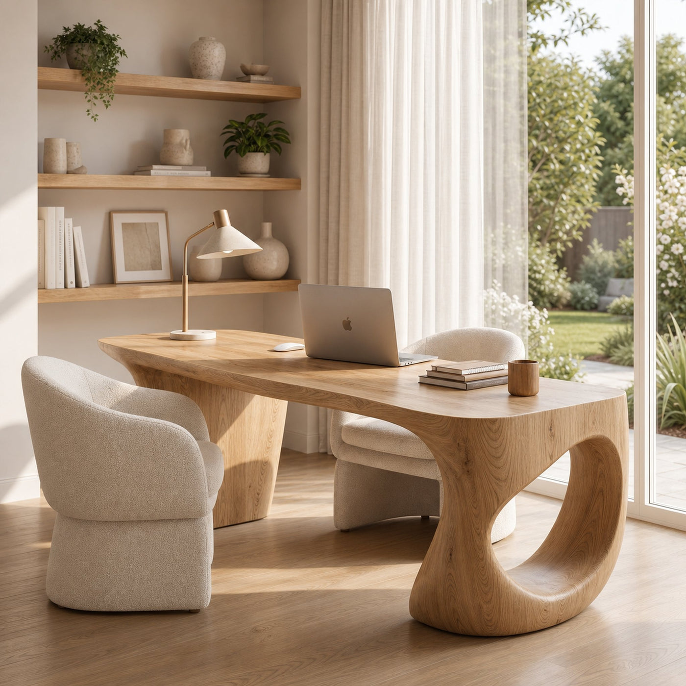 Contemporary Desk With Sculptural Loop Wood Base And Solid Wood Top For Home Office And Workspace - product view 5