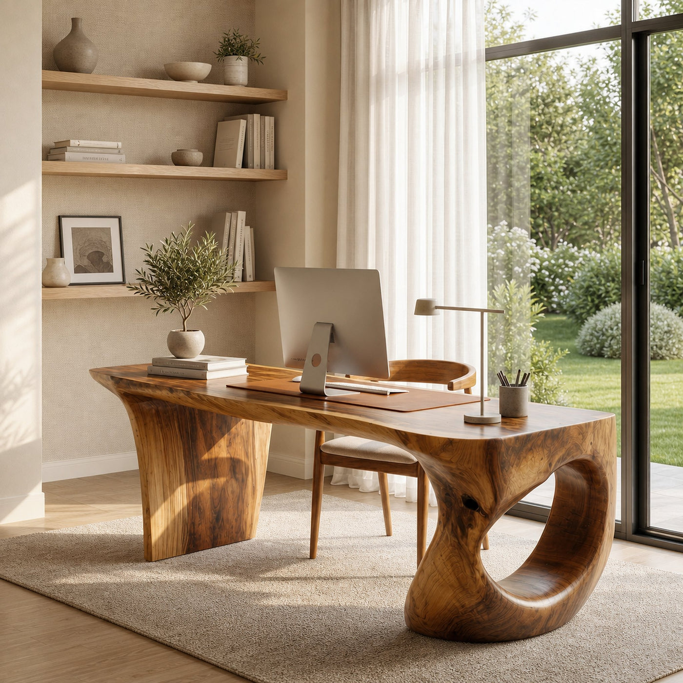 Contemporary Desk With Sculptural Loop Wood Base And Solid Wood Top For Home Office And Workspace - product view 6