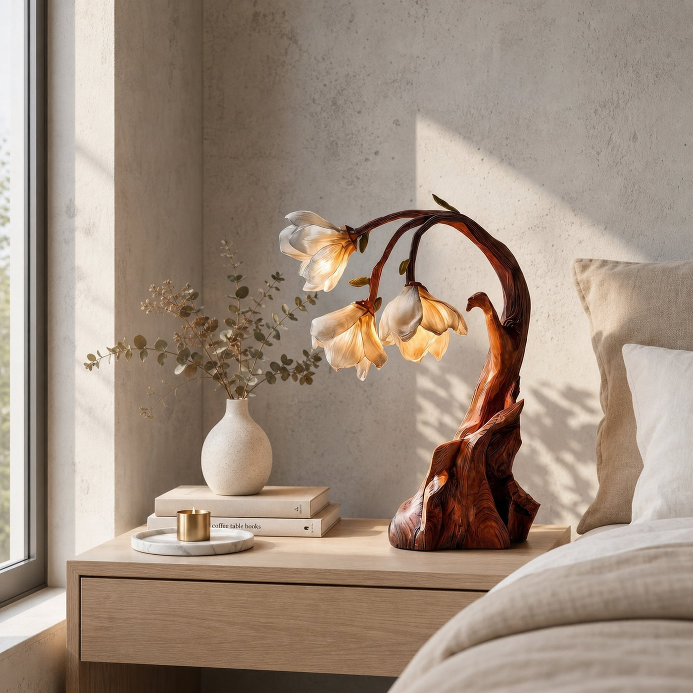 Contemporary Floral Table Lamp With Sculptural Solid Wood Base For Bedroom And Living Room