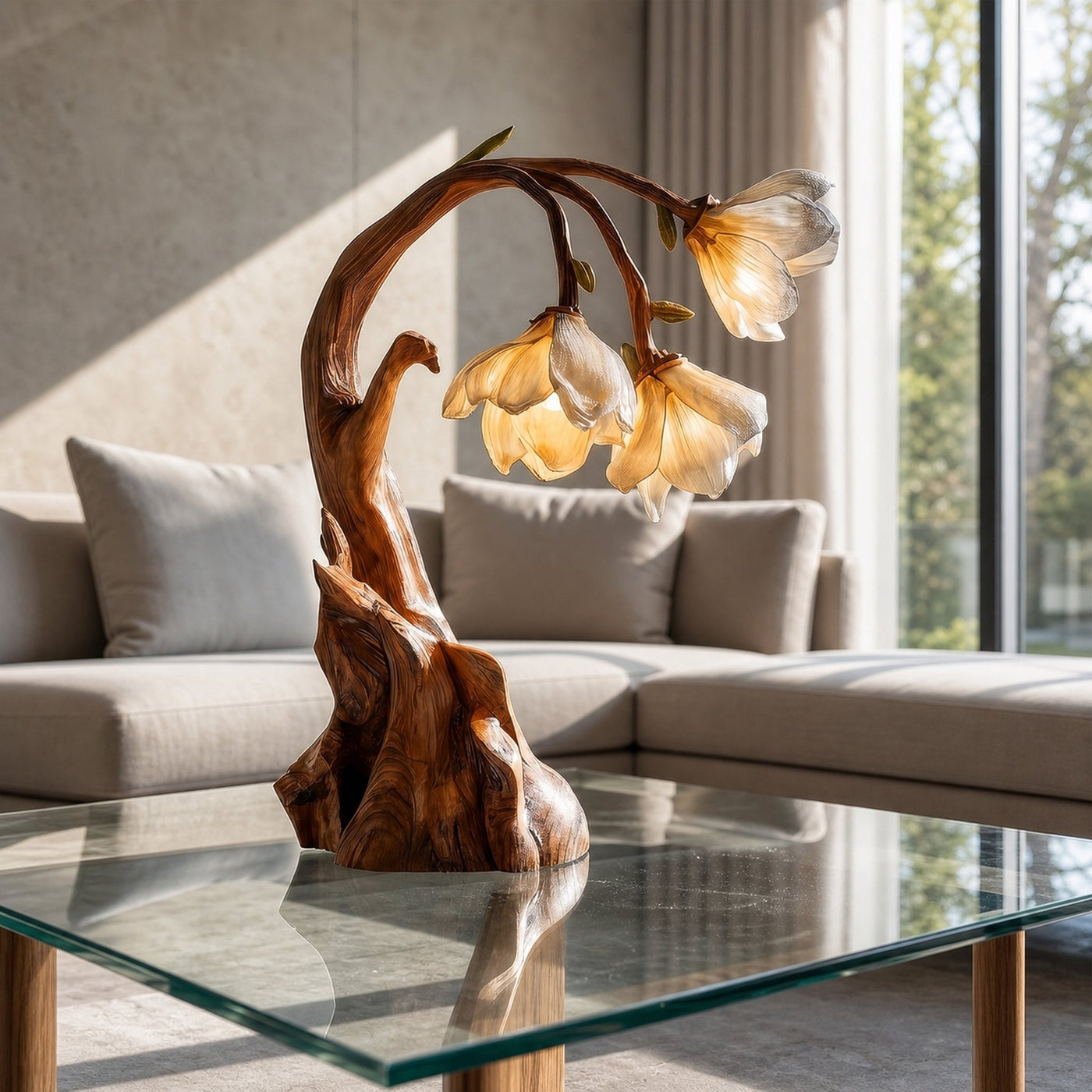 Contemporary Floral Table Lamp With Sculptural Solid Wood Base For Bedroom And Living Room - product view 2