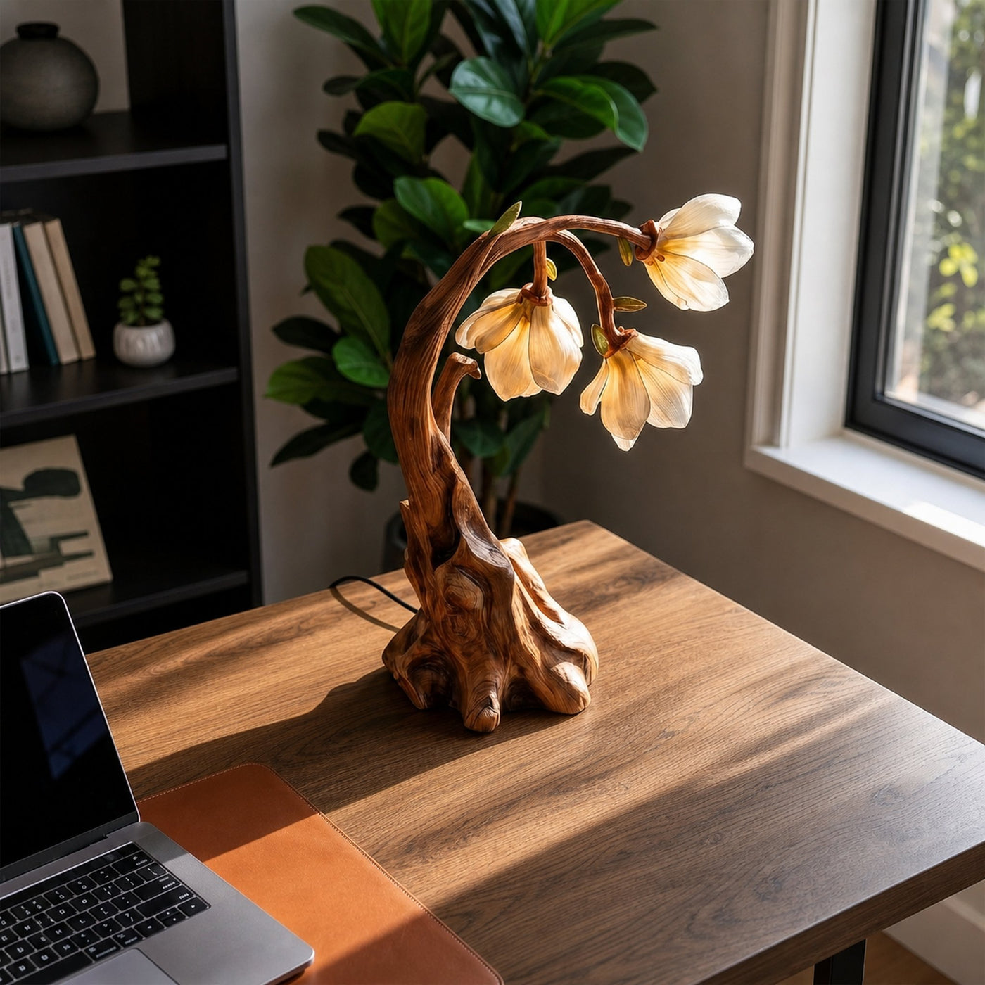Contemporary Floral Table Lamp With Sculptural Solid Wood Base For Bedroom And Living Room - product view 3