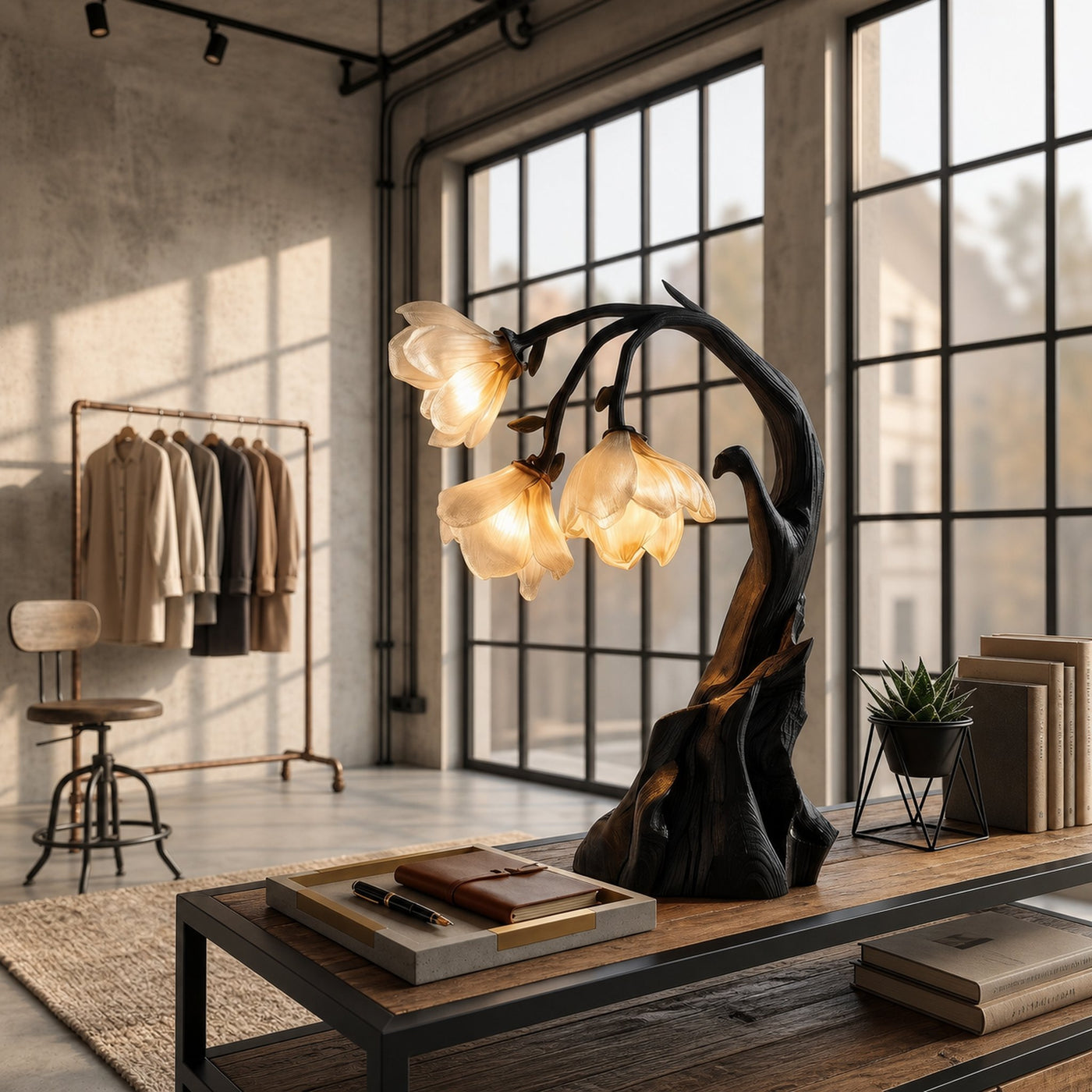 Contemporary Floral Table Lamp With Sculptural Solid Wood Base For Bedroom And Living Room - product view 4