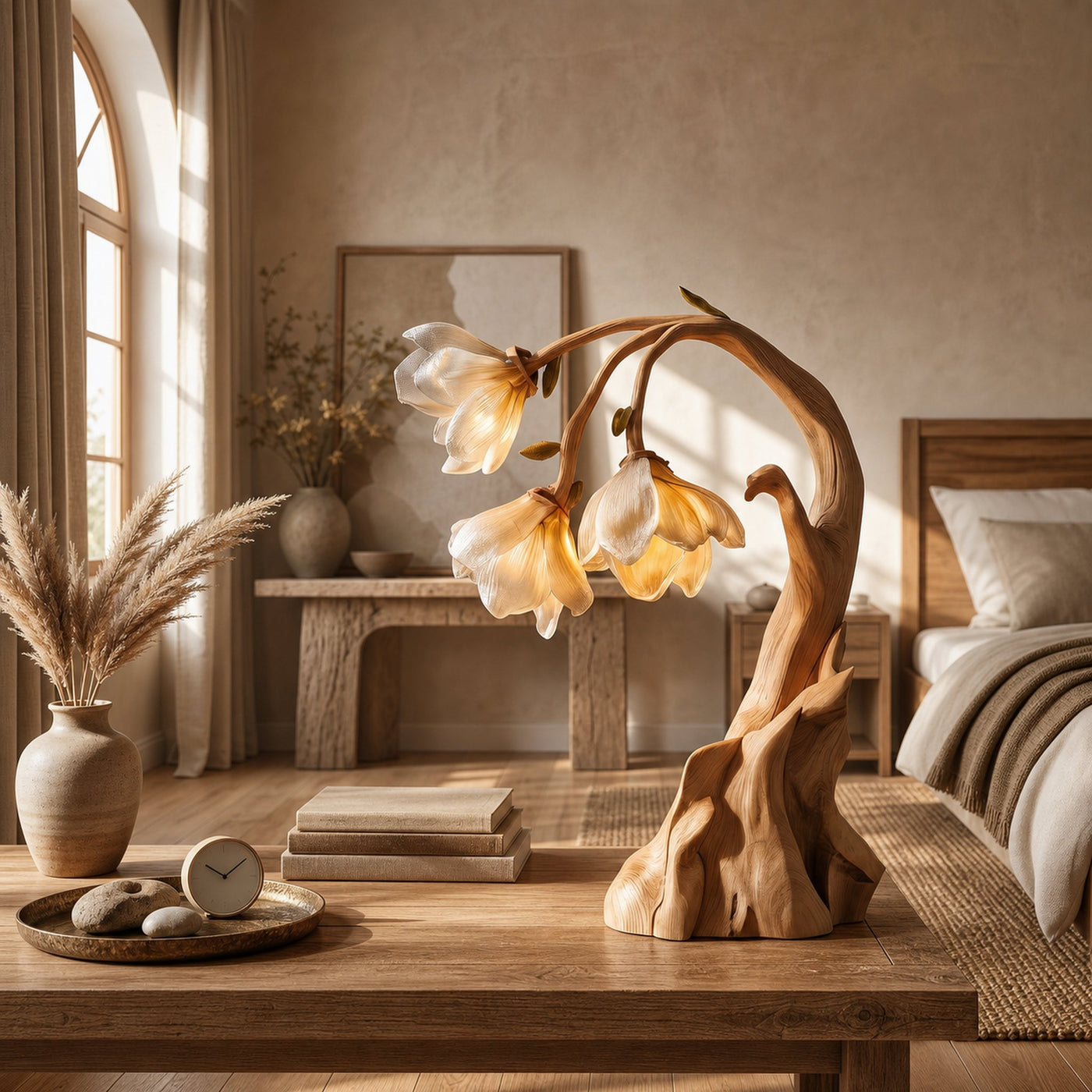 Contemporary Floral Table Lamp With Sculptural Solid Wood Base For Bedroom And Living Room - product view 5