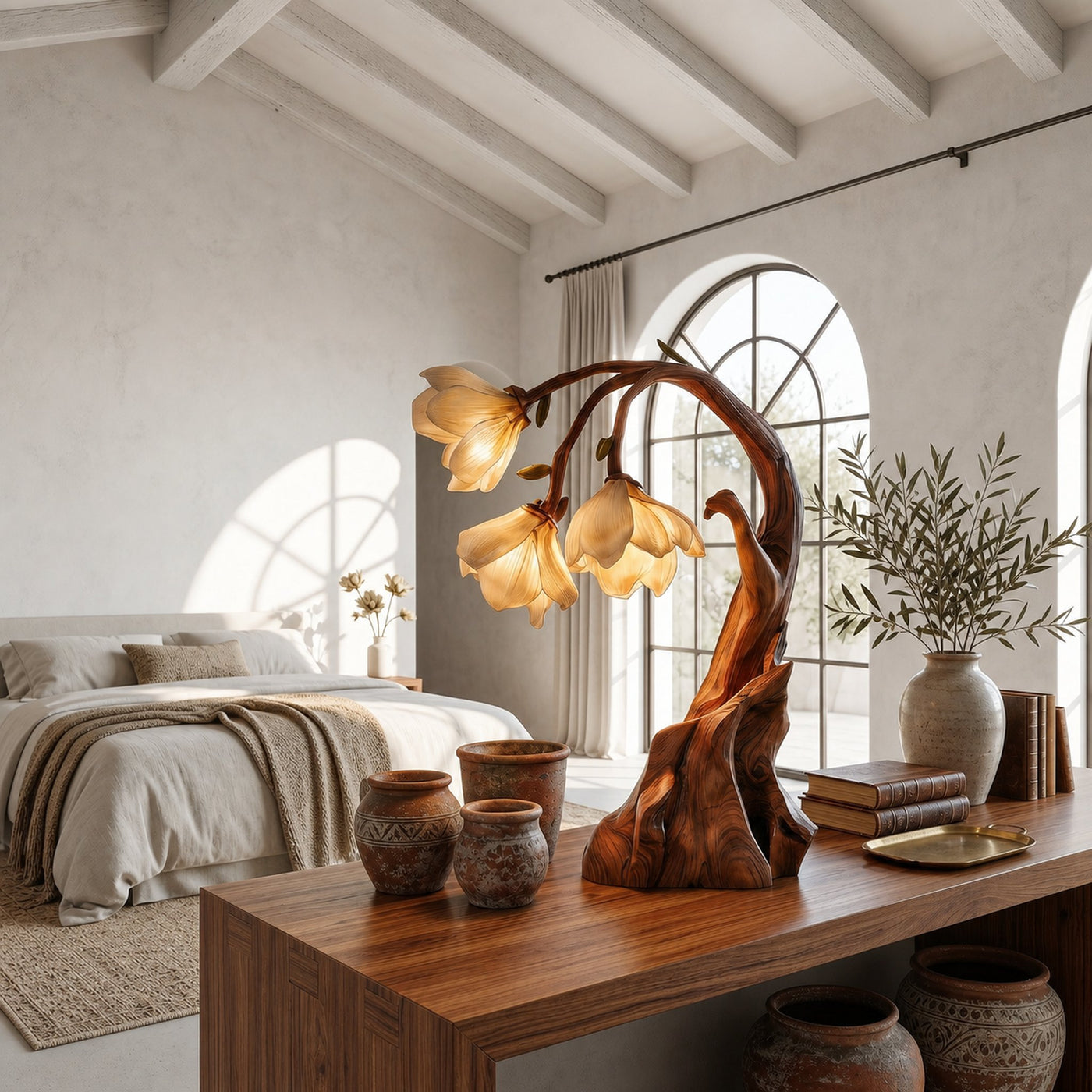 Contemporary Floral Table Lamp With Sculptural Solid Wood Base For Bedroom And Living Room - product view 6