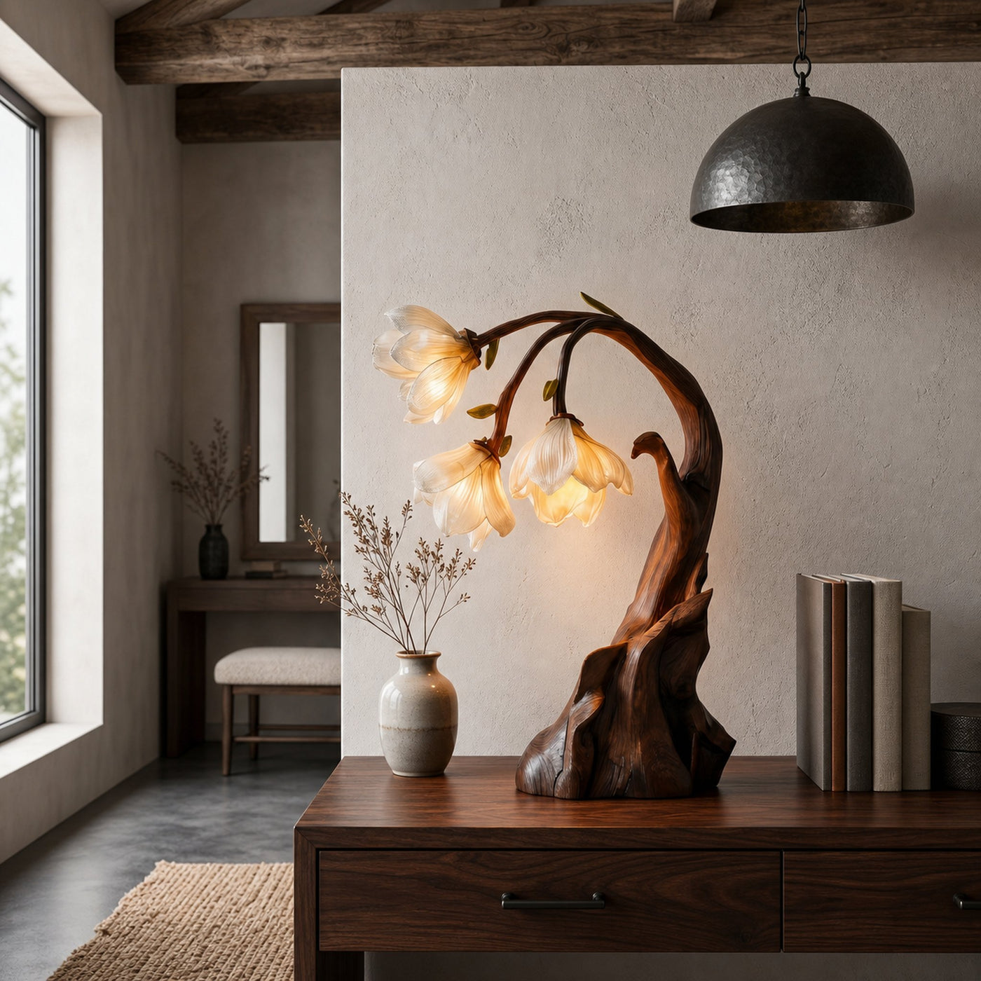 Contemporary Floral Table Lamp With Sculptural Solid Wood Base For Bedroom And Living Room - product view 7