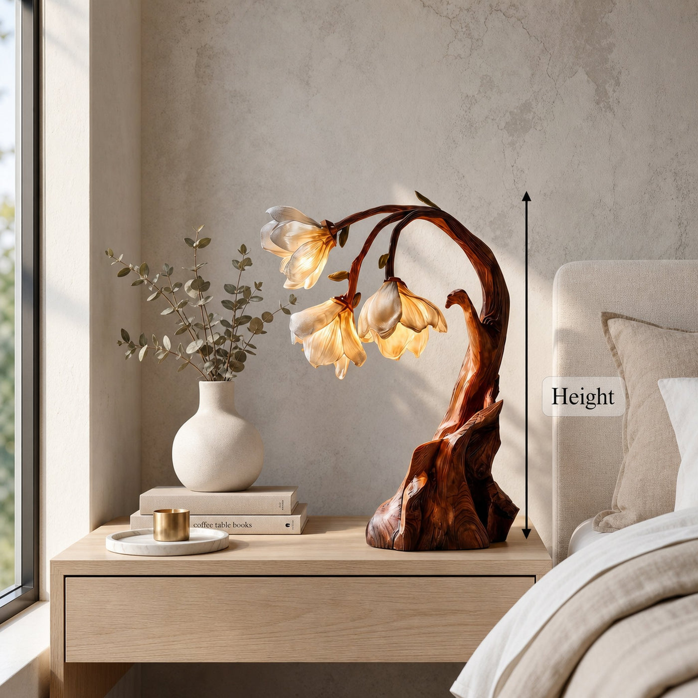 Contemporary Floral Table Lamp With Sculptural Solid Wood Base For Bedroom And Living Room - product view 8
