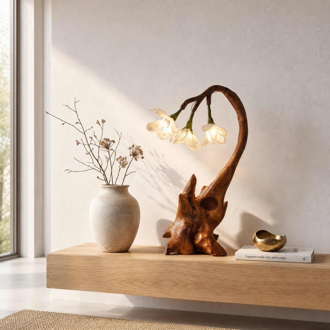 Contemporary Floral Table Lamp With Sculptural Wood Base For Bedroom And Living Room
