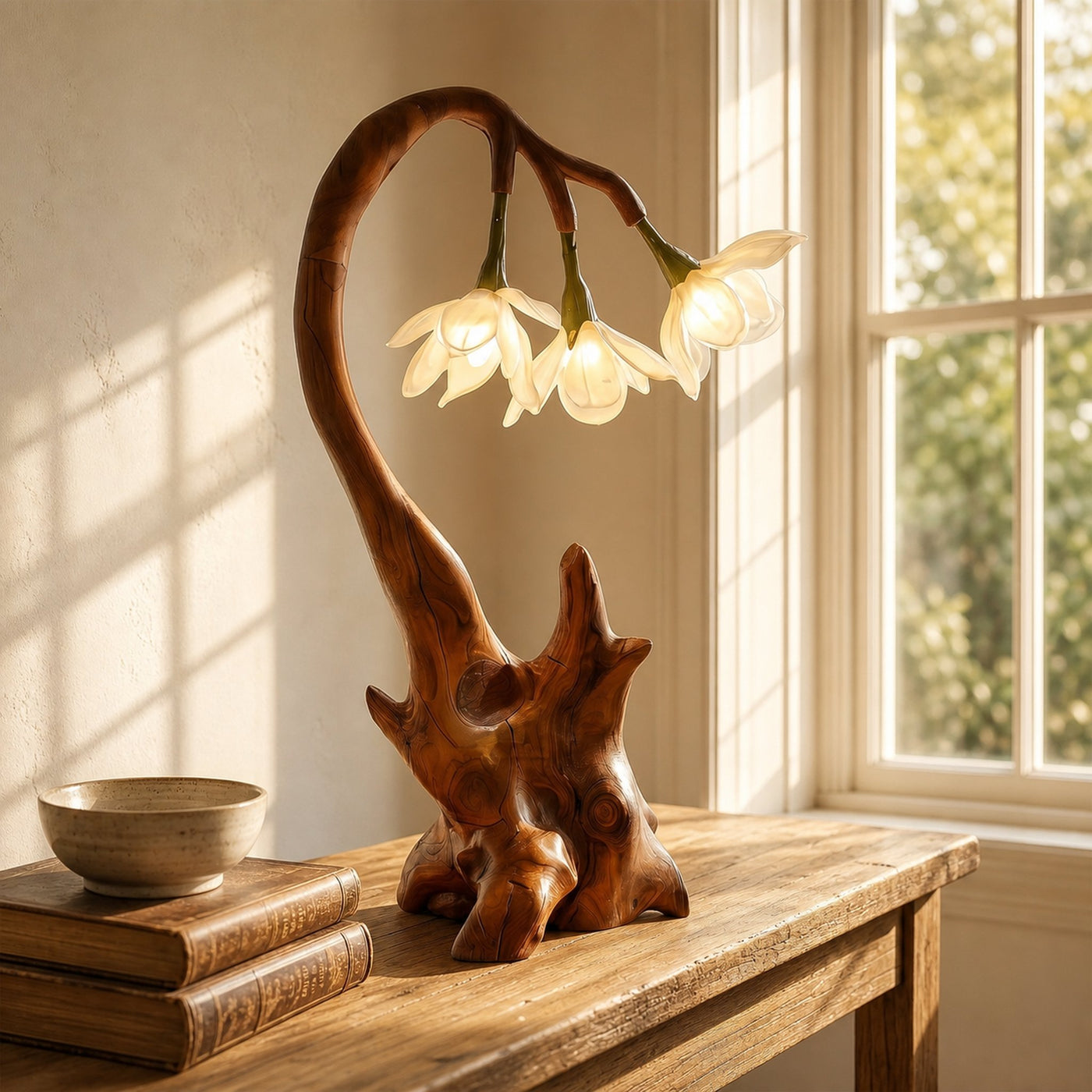 Contemporary Floral Table Lamp With Sculptural Wood Base For Bedroom And Living Room - product view 2