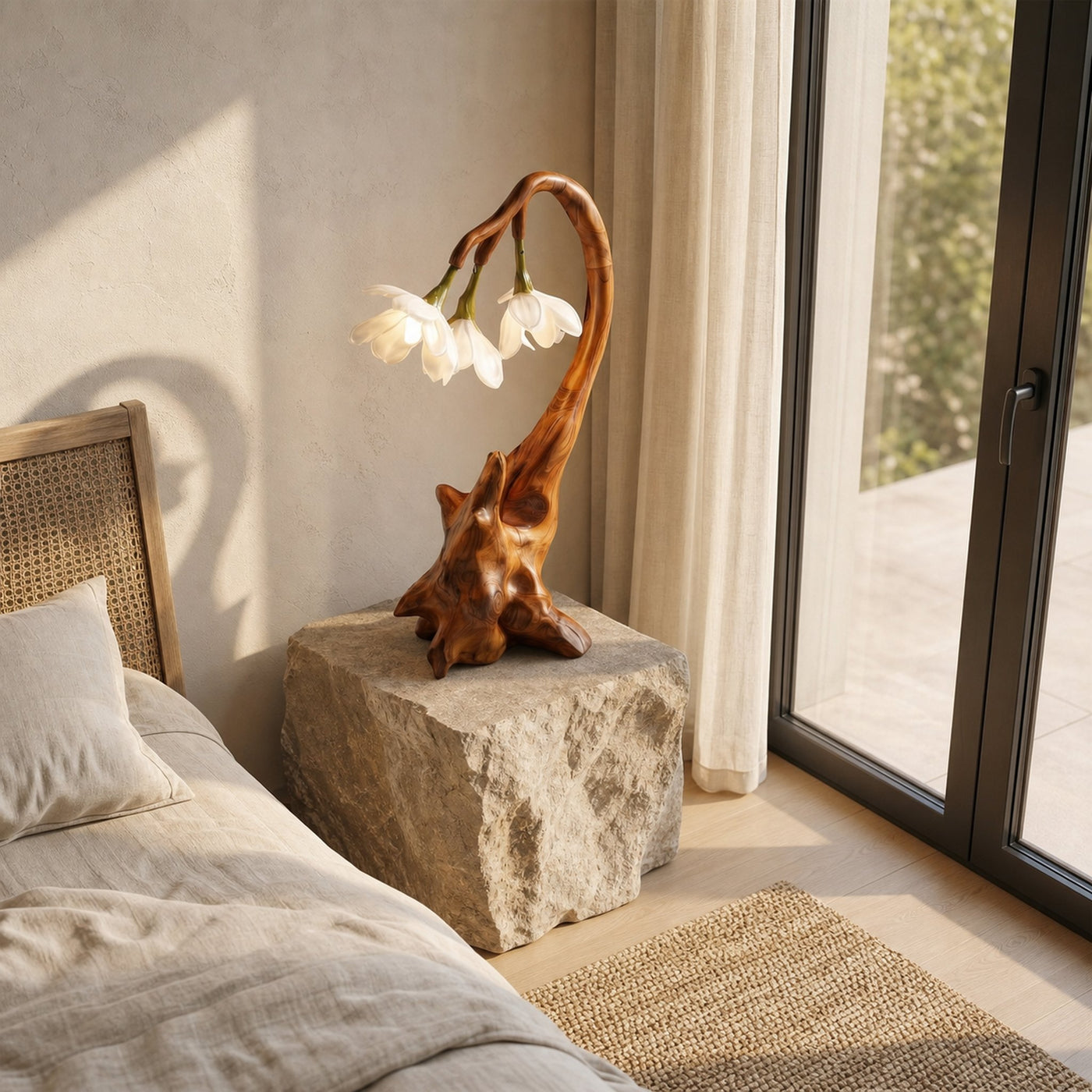 Contemporary Floral Table Lamp With Sculptural Wood Base For Bedroom And Living Room - product view 3